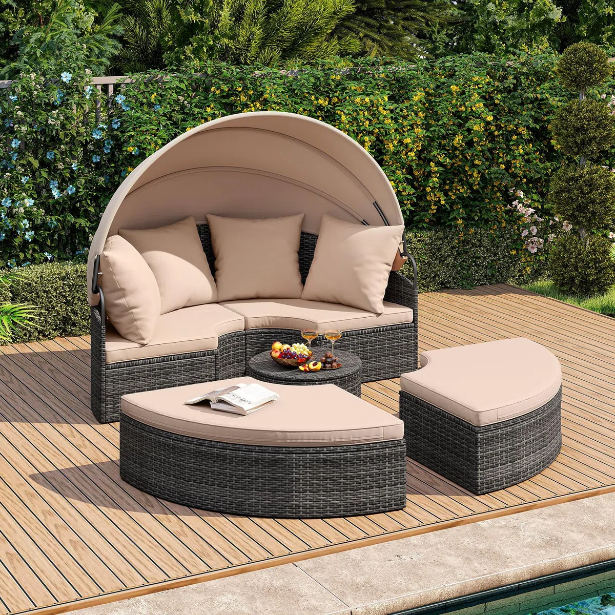 LIFEZEAL Isola Prendisole, Rattan Intrecciato a Mano, Componibile, Letto con Tettuccio Parasole Regolabile da Giardino Esterno, Salttto con Divani, Tavolino, Cuscini, Balcone, Mare, Piscina (beige)
