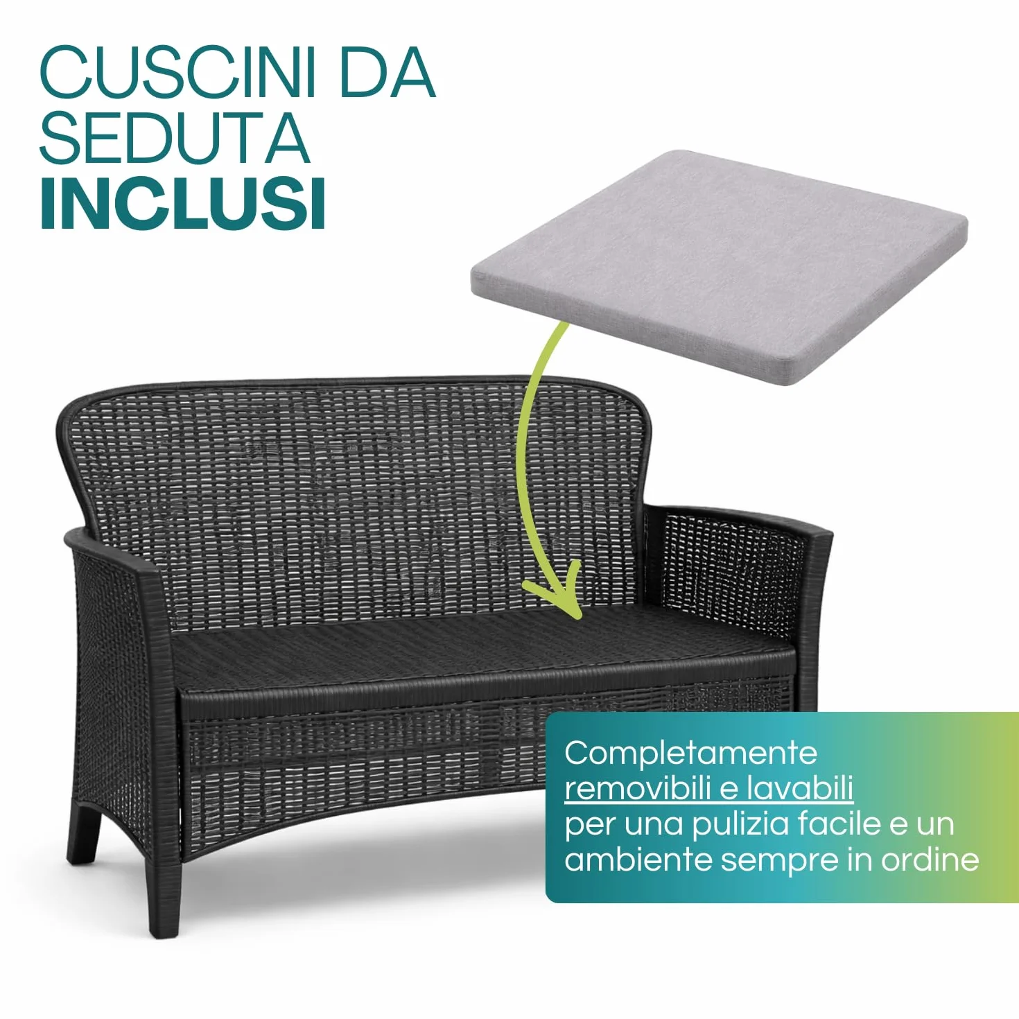 VIRSUS Set Salottino da Giardino per 4 Persone, Composto da: 2 Poltrone, 1 Divano a 2 Posti e 1 Tavolino, Cuscini per comoda Seduta, Design Rattan di colore Antracite, Interno ed Esterno -JUN6043F