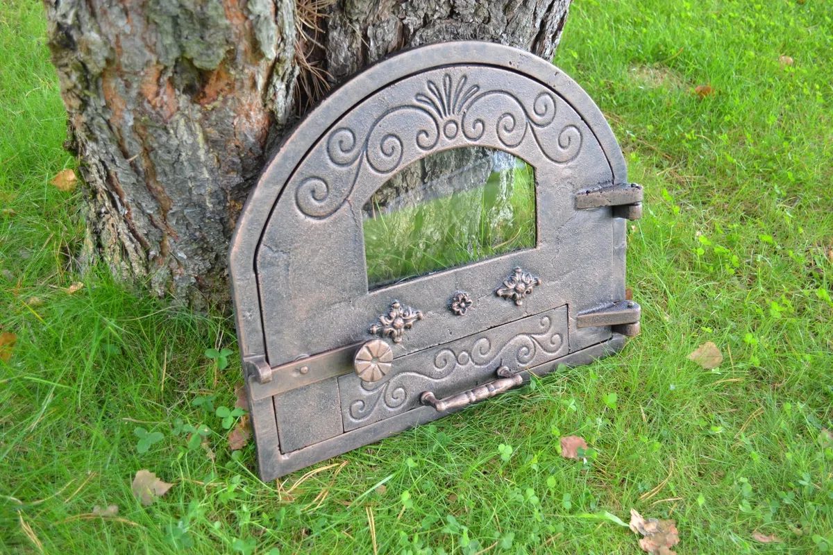 Porta per forno in ghisa 52,5x3,50x43,50 cm con vetro rame SEZAM