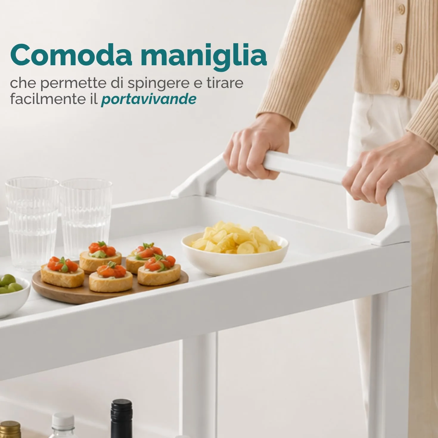 PALUPLUS Carrello Portavivande Esterno Bianco 53x74x73 cm 2 Ripiani Portabottiglie 5 Posti Made Italy
