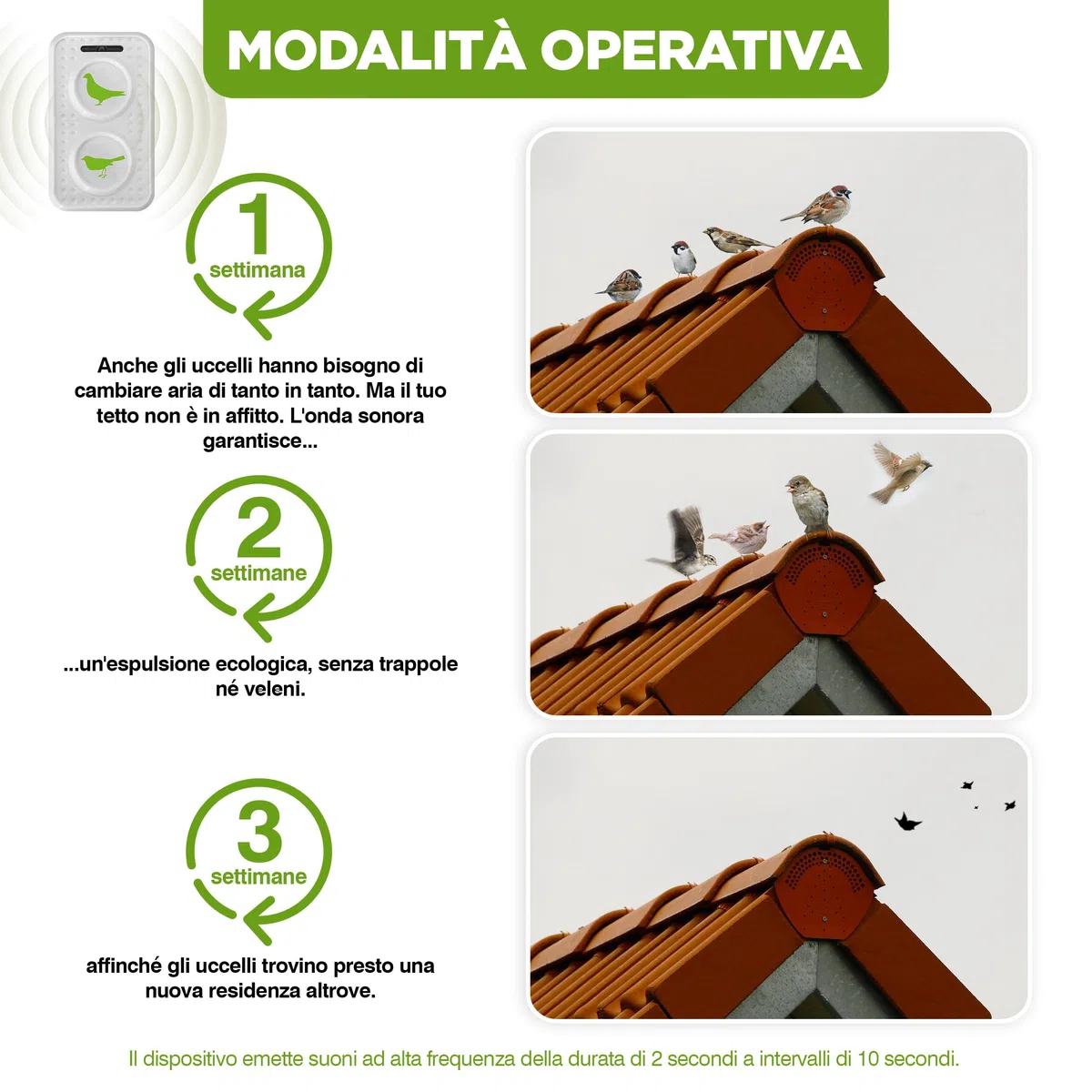 ISOTRONIC dissuasore uccelli ultrasuoni piccioni passeri gabbiani corvi batteria balconi tetti giardini raggio 50m² 2 unità efficace esterno protezione difesa stop volatili ecologico mobile casa