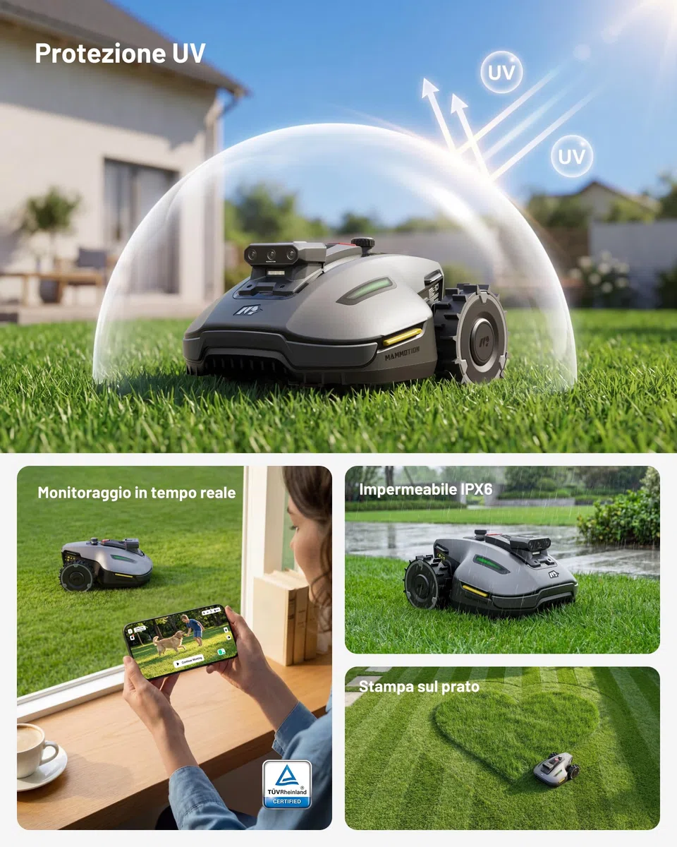MAMMOTION YUKA mini 2 500 Robot Tagliaerba senza Filo Perimetrale, Nessuna Perdita di Segnale, Senza RTK, Visione AI Tri-Cam, DropMow, Mappatura Auto Multi-zona