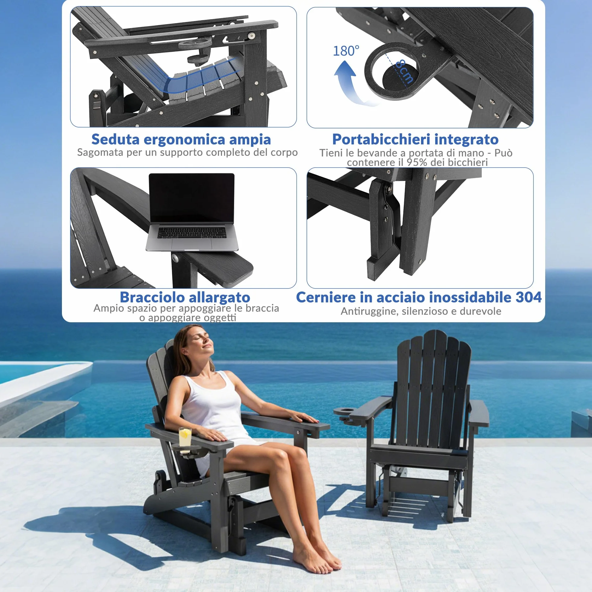 Sedia a dondolo Adirondack con schienale regolabile,sedia a dondolo per patio in simil-legno resistente alle intemperie con portabicchieri, meccanismo di oscillazione fluido,capacità di peso 200 kg