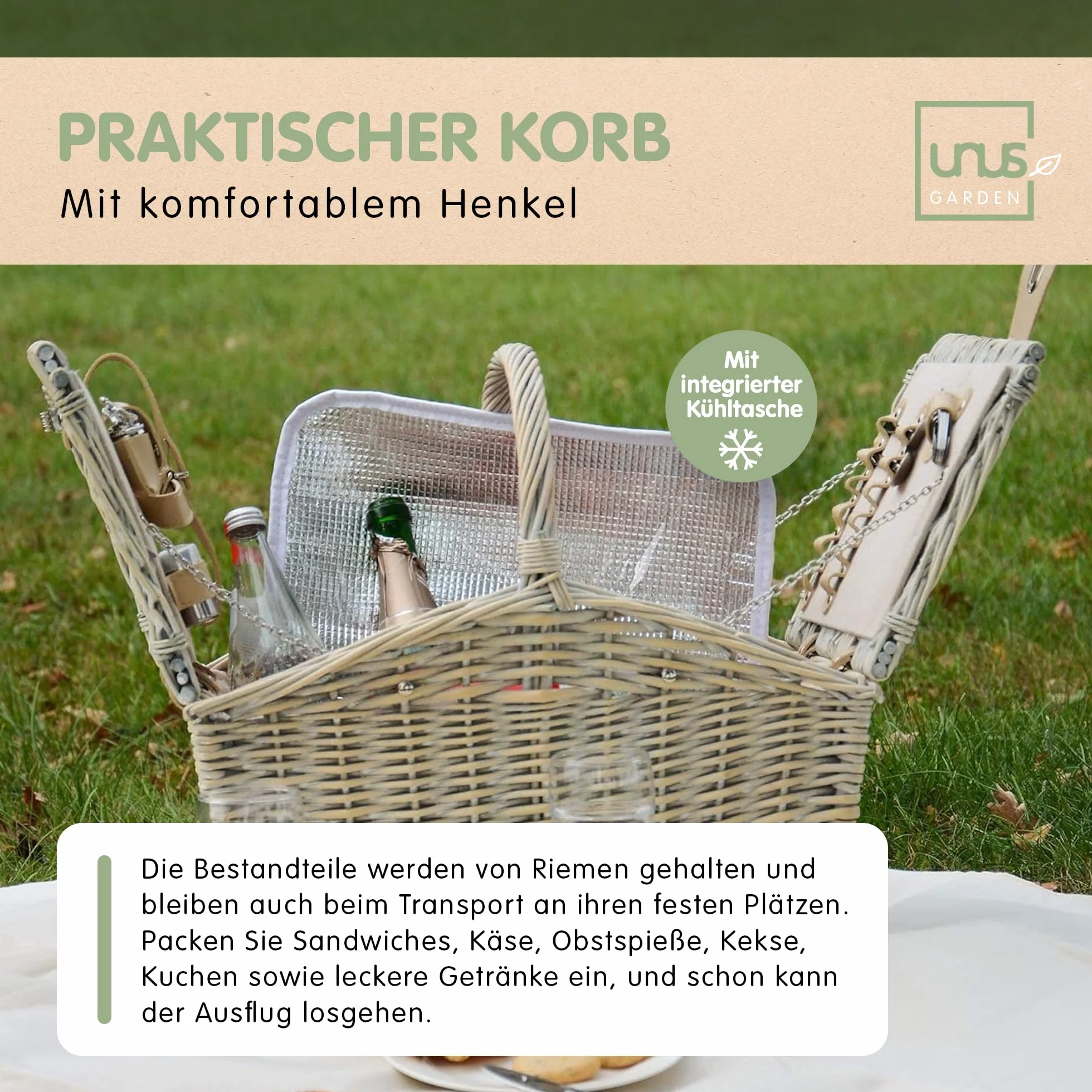 Set da picnic per 2 persone con cestino termico, coperta 135x115 cm, posate e stoviglie, grigio e beige