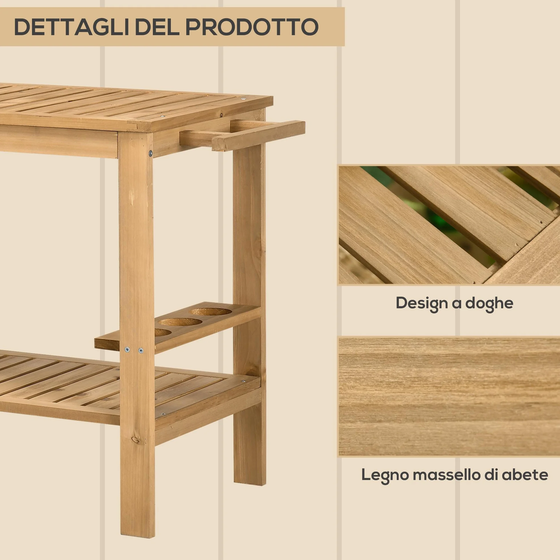 Outsunny Carrello Portavivande da Giardino in Legno di Abete 95x47x74 cm