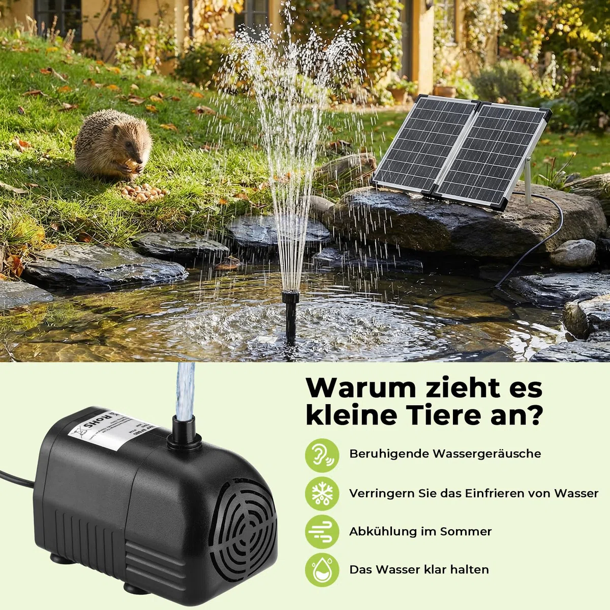 Clevich 35W Pompa Solare per Laghetto, 280 L/H, Massima 220 cm,per Stagni Grandi (8-15 m²), Pannello in Vetro 100% e Motore Senza Spazzole,4+4 Ugelli e 2Filtri,Cavo 5m,Set Specifico per Fontane Stagni