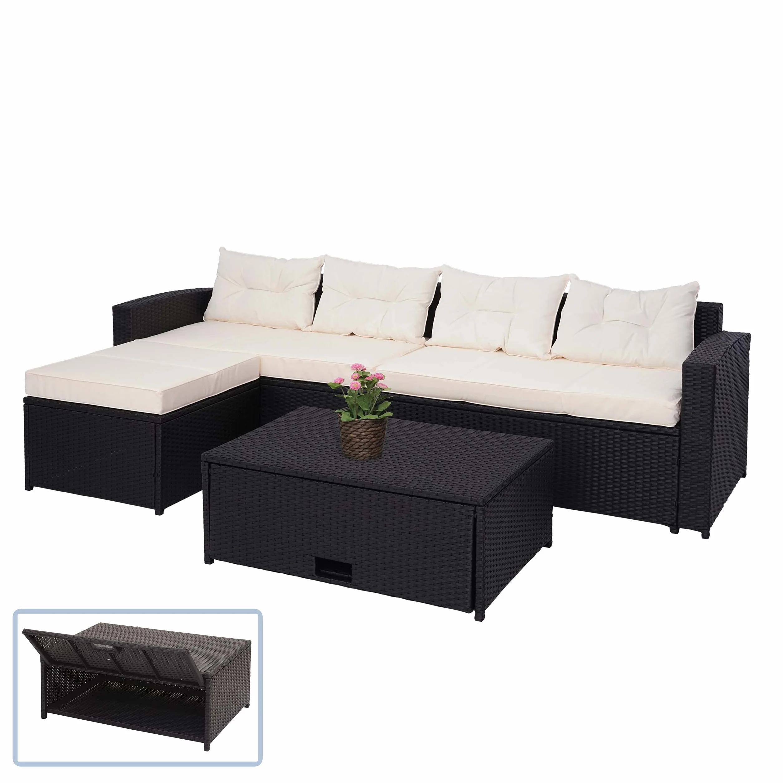 Mendler Set salotto giardino esterno salottino HWC-J34 polyrattan nero con cuscini avorio beige