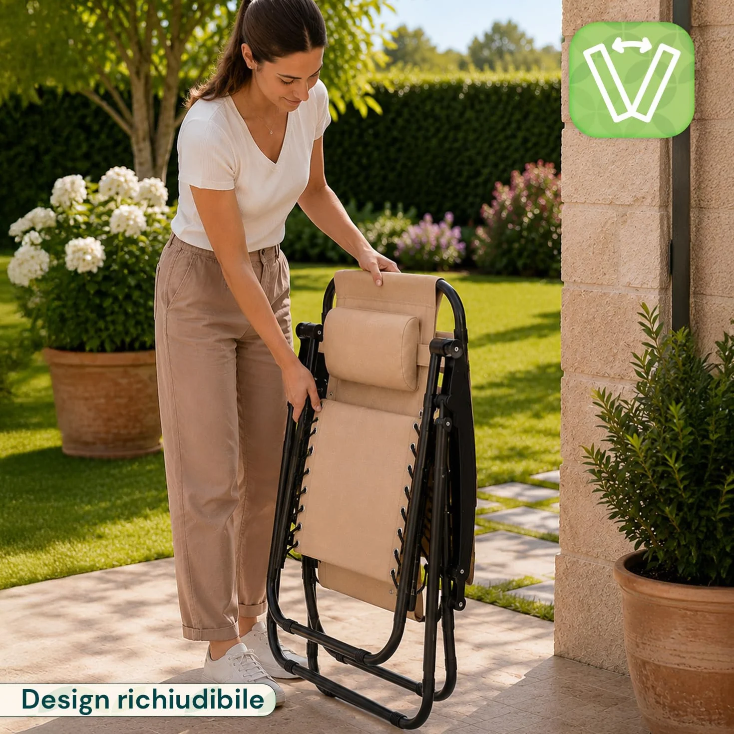 Avilia - Sedia da Giardino Pieghevole con Vassoio Laterale Portabevande – Ferro, Seduta Teslin, 120 kg | Sedia Giardino Pieghevole Reclinabile, L65×P87/176×A108/80 cm, Facile da Pulire