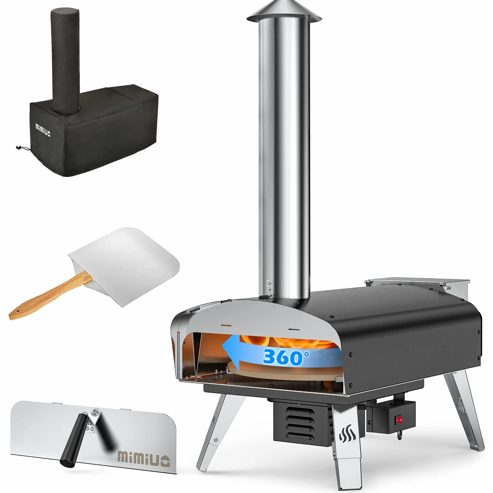 Mimiuo Forno per Pizza a Pellet con Pala e Pietra, Sistema Grill Rotante Automatico, Nero