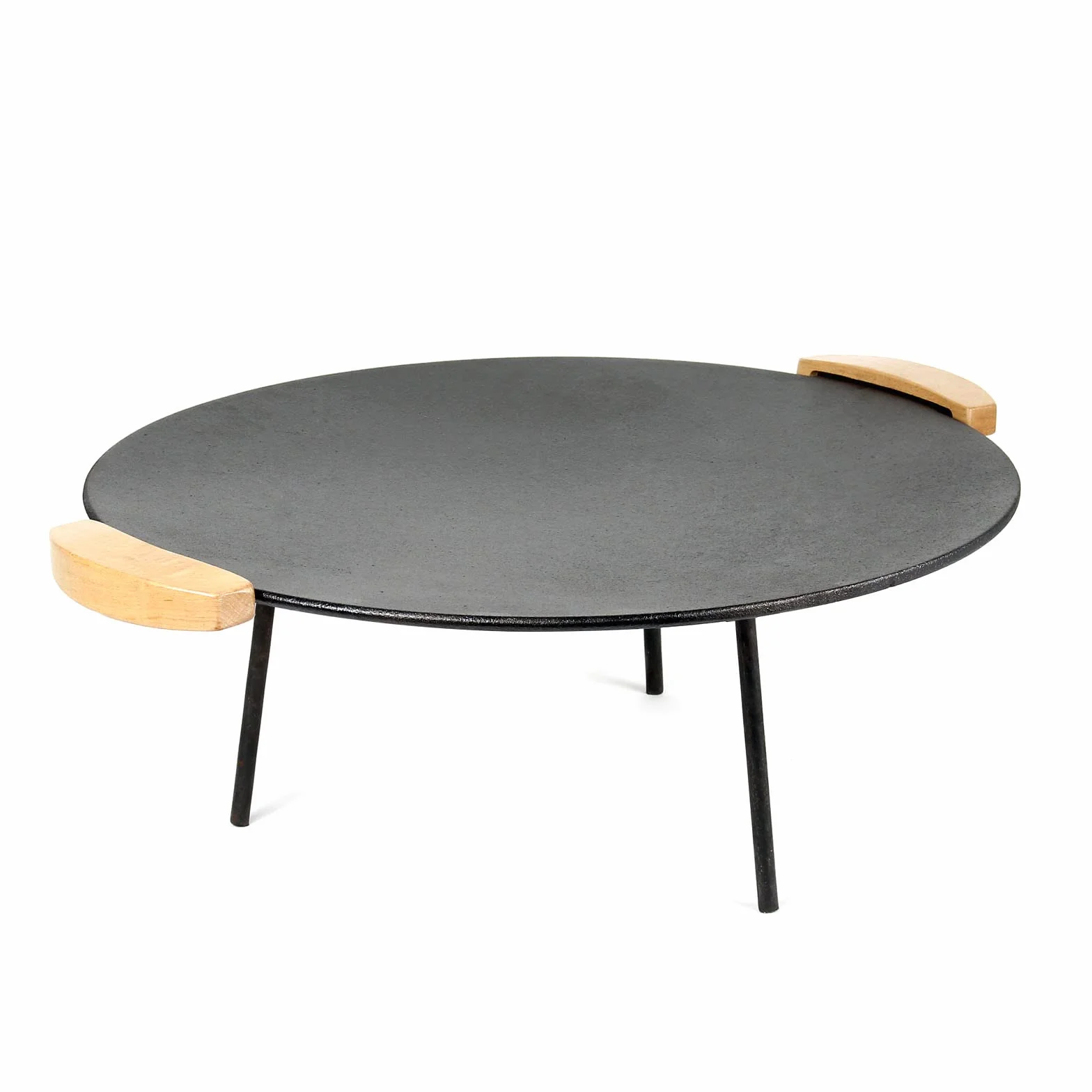 Wiltec Piastra per barbecue fuoco in ghisa, liscia, rotonda Ø44cm altezza 44 cm manici in legno piedi 20 e 32cm