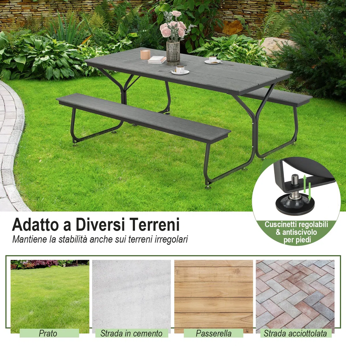 COSTWAY Tavolo da Pranzo 183 CM con 2 Panche per 8 Persone, Set da Picnic in Metallo e HDPE con Foro per Ombrellone, per Giardino Terrazzo (Grigio)