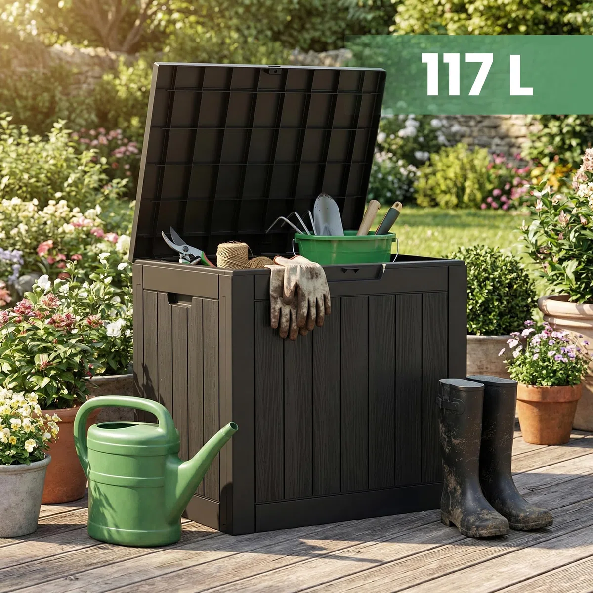 AKORD Baule da Giardino Impermeabile 117L - Cassapanca Esterna in Polipropilene Effetto Legno - Scatola Contenitore per Balcone e Terrazza, 56x53,2x43,1 cm, Nero