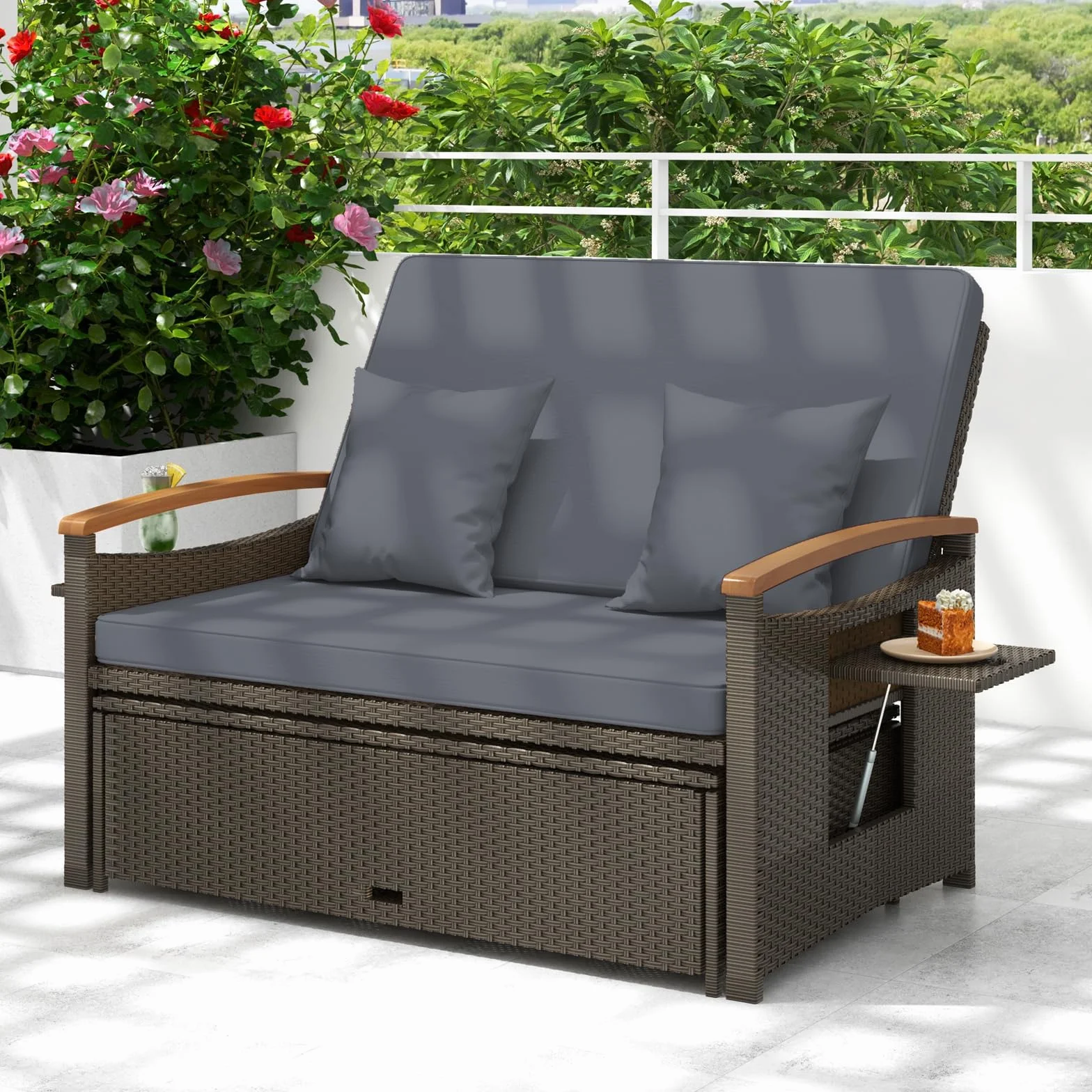 GIANTEX Divano da Giardino in Rattan a 2 Posti con Funzione Allungata, Set di Mobili in Rattan con Sgabello, Doppia Sedia a Sdraio per 2 Persone, 3 Colori (Cuscino Grigio)