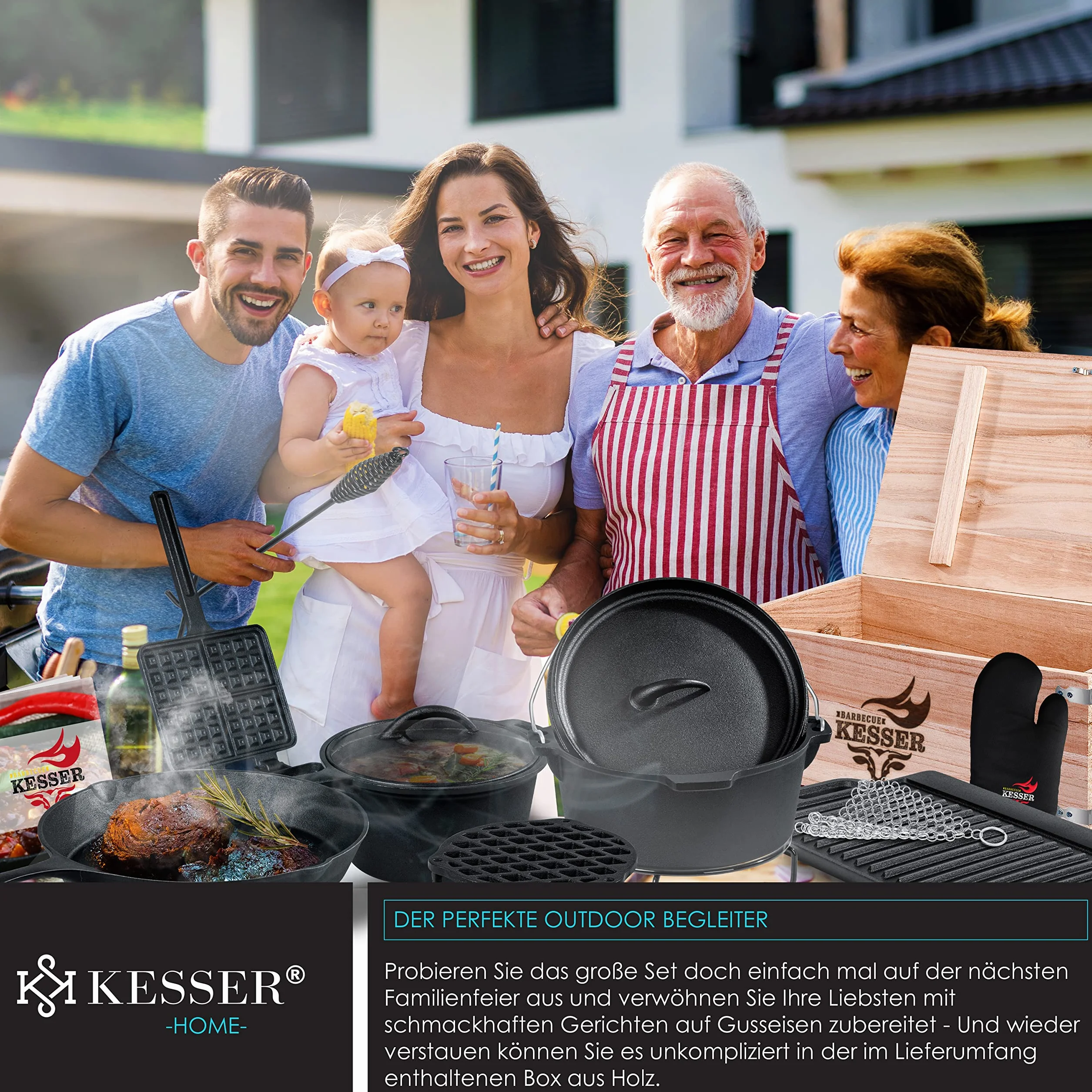 KESSER® Dutch Oven Set in scatola di legno con forno olandese Con molti accessori - ghisa - già bruciato con pentola di cottura piastra grill padella coperchio sollevatore I 12 Pezzi