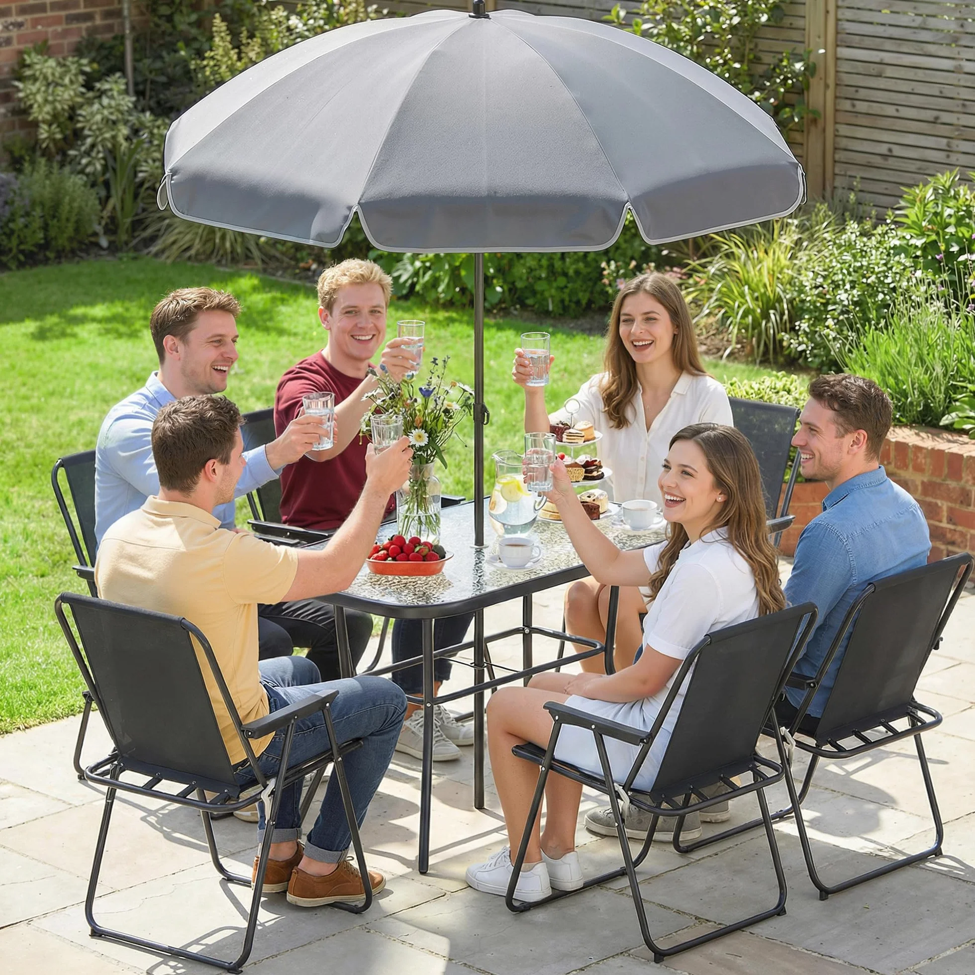 Outsunny Set Tavolo e Sedie da Giardino 8 Pezzi con Ombrellone, Acciaio, Vetro Temperato, Nero