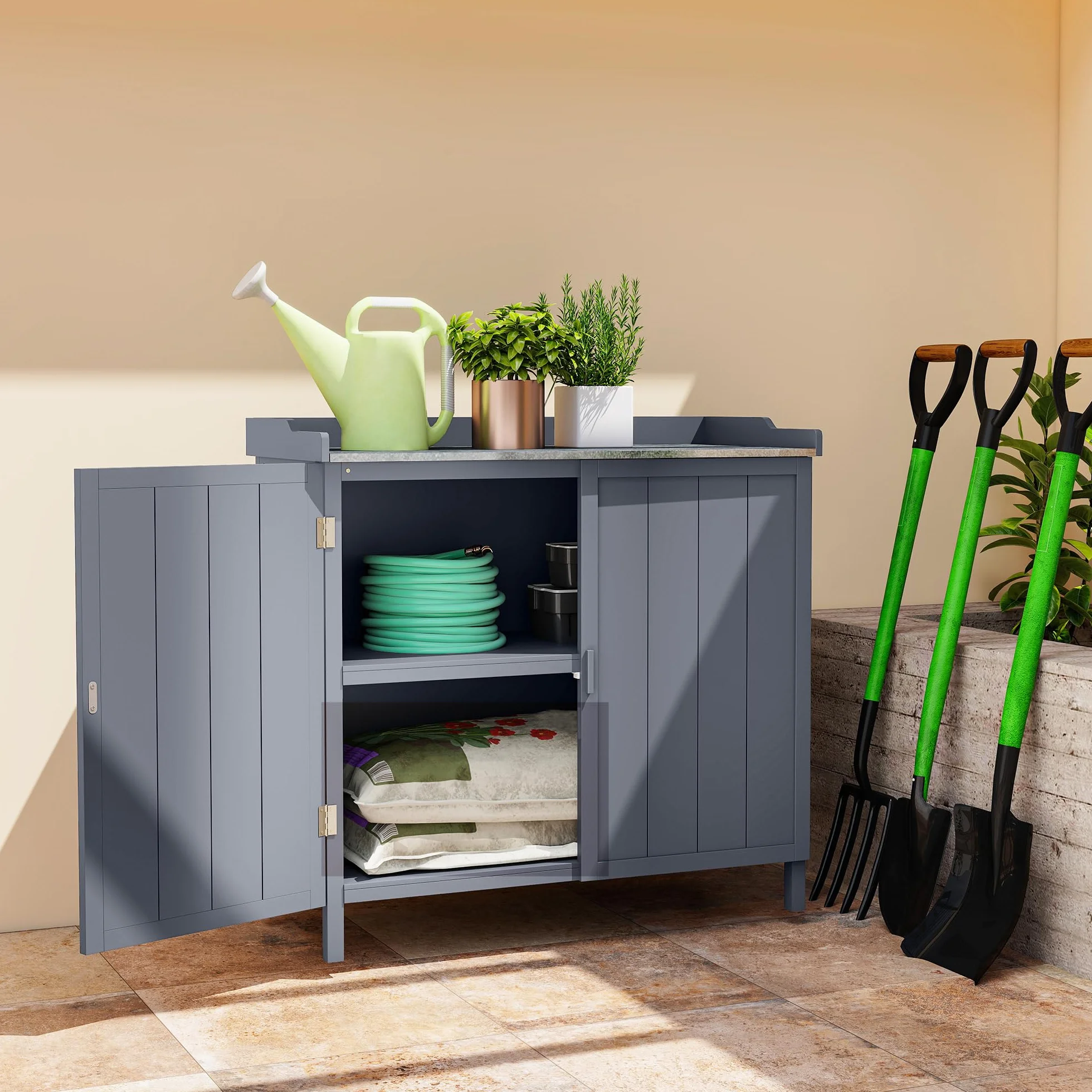 Outsunny Armadietto da Esterno in Legno di Abete con Piano da Lavoro in Metallo Zincato e 2 Ripiani Porta Attrezzi, 98x48x95.5 cm, Grigio