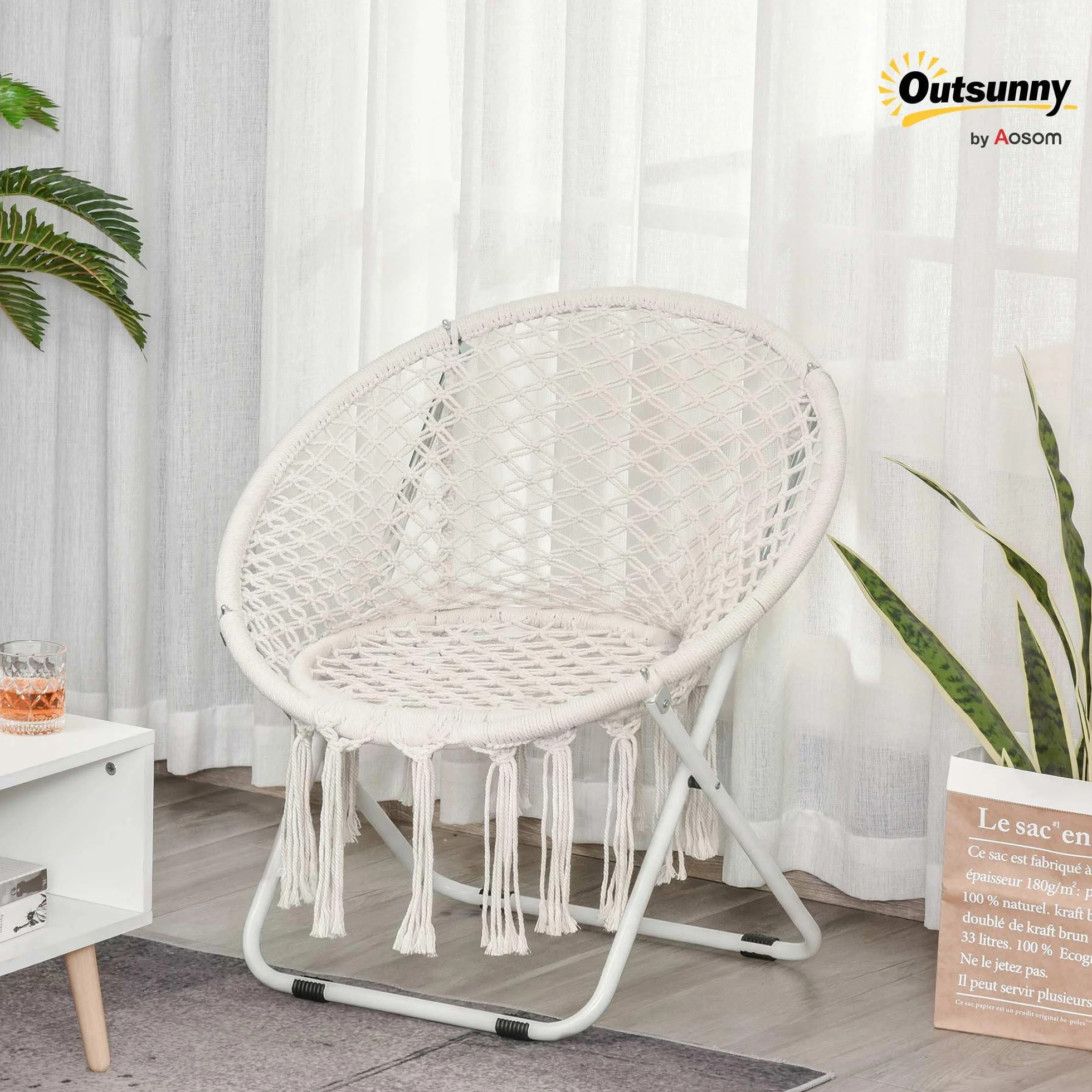 Outsunny Loveuse poltrona rotonda da giardino papasan pieghevole luna beige
