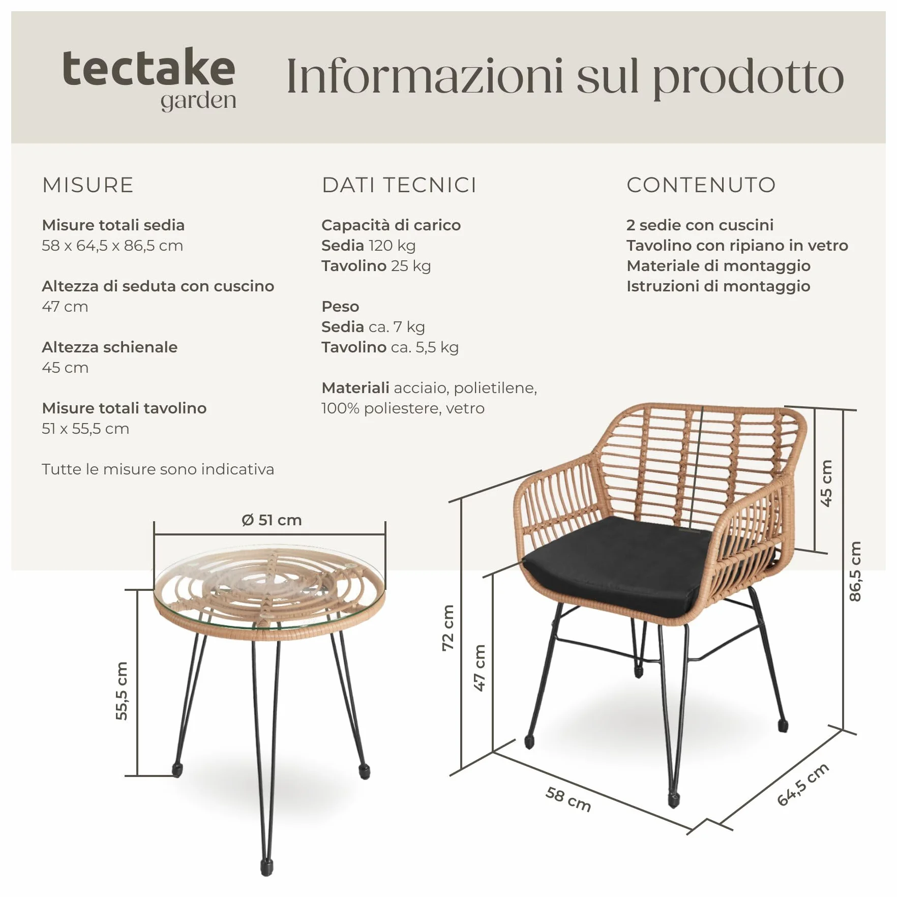 tectake Salottino in Rattan Set da Balcone 3 Pezzi 2 Sedie 120 kg Tavolo Vetro Sicuro Resistente Intemperie Terrazza Giardino Piedini Regolabili
