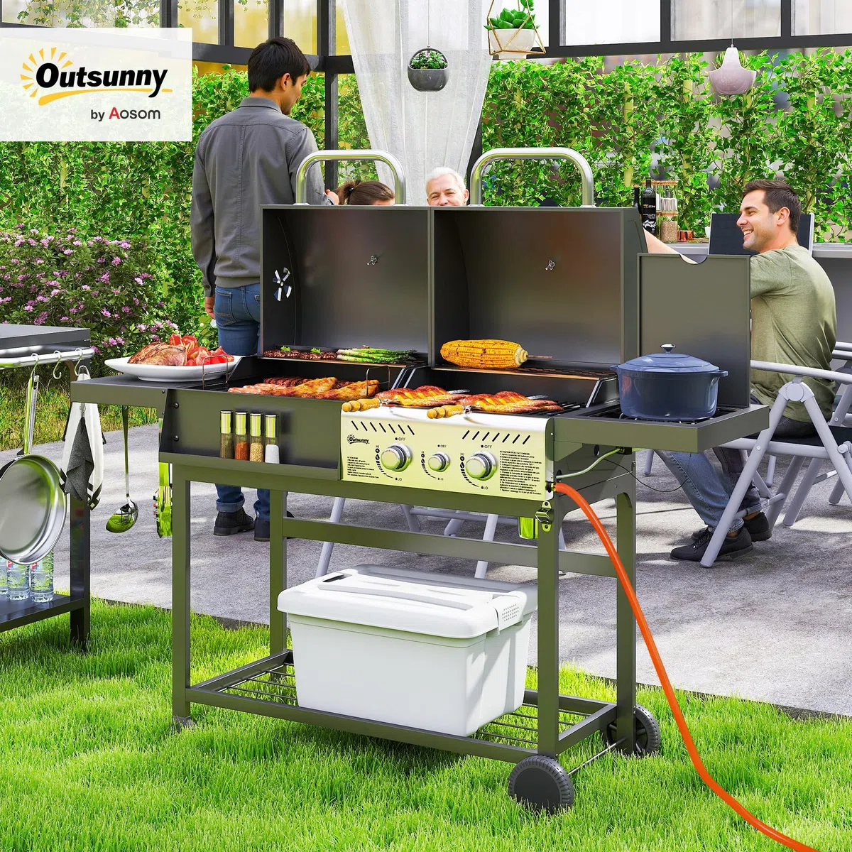 Outsunny Barbecue a Carbone e Gas in Acciaio, BBQ 2+1 Bruciatori 7kW con Coperchio, Termometro, Ruote, Nero