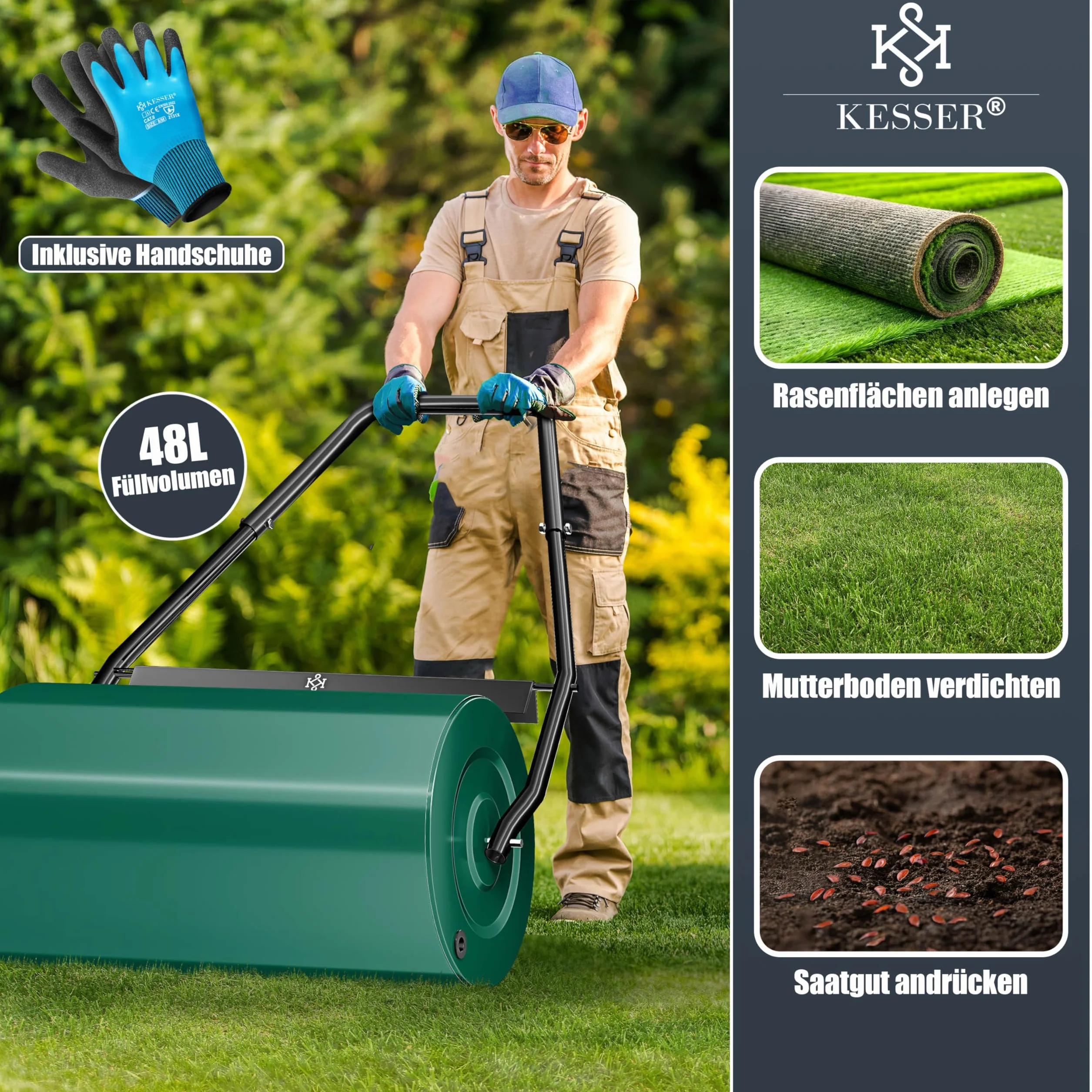 KESSER® - Rullo per Prato 60cm 48l Volume di riempimento in Metallo con deflettore dello Sporco Rullo Manuale Rullo per Giardino Rullo per Campo Rullo riempibile con Acqua/Sabbia 60 kg, Verde
