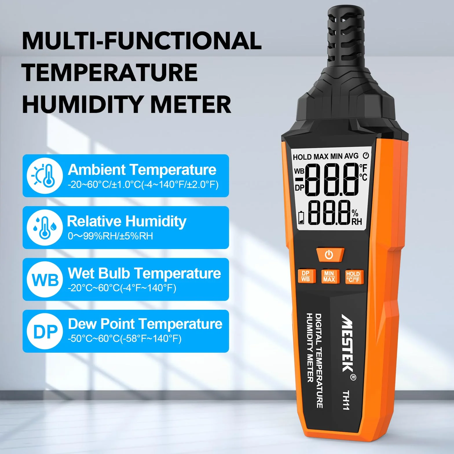 Termometro Igrometro MESTEK, Digitale Termo-Igrometro Interno Esterno, Misuratore di Umidità e Temperatura, Punto di Rugiada e Bulbo Umido Temp, Portable per Casa Ufficio Industria Agricoltura
