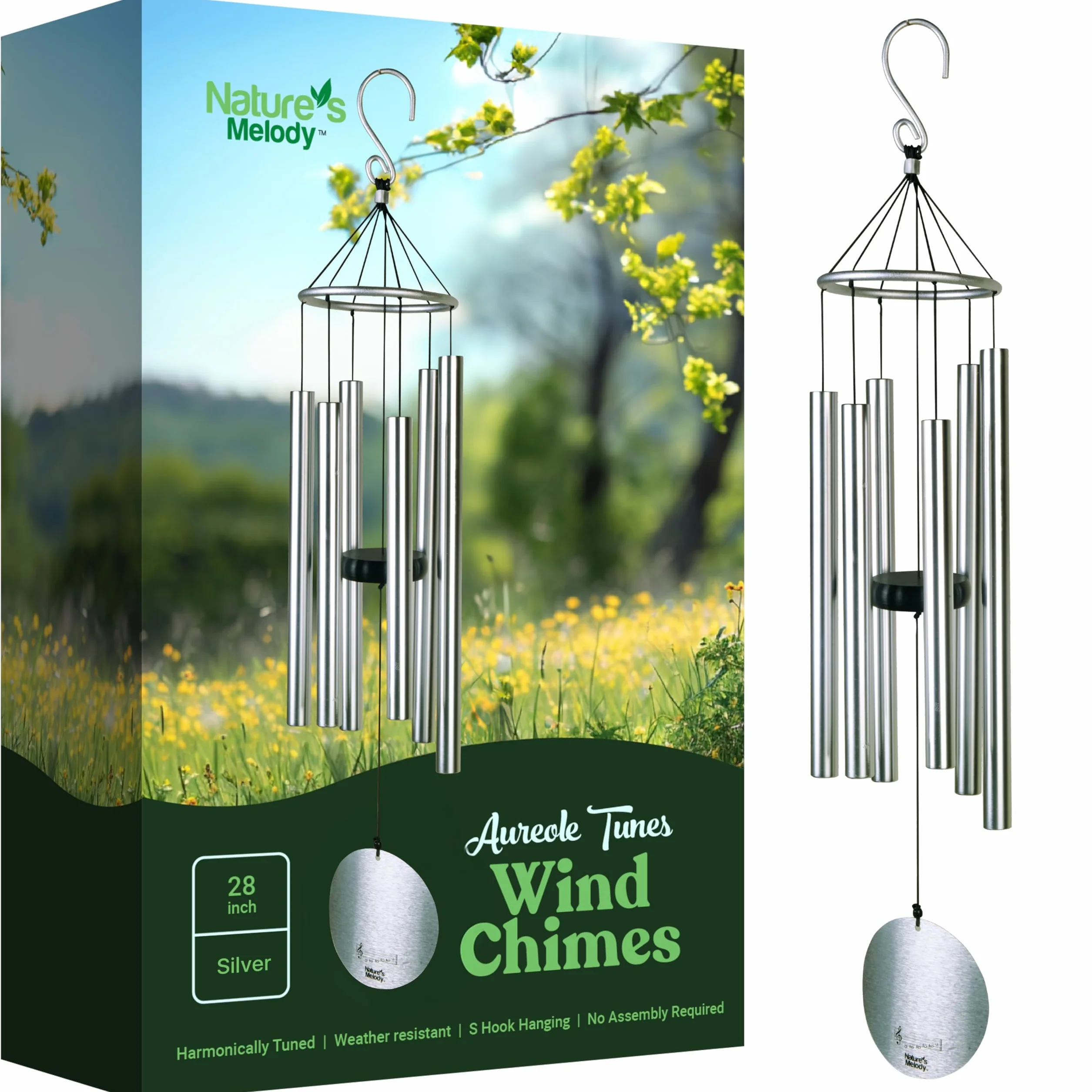 Nature's Melody Aureole Tunes - Campane a vento da esterno con 6 tubi sintonizzati su scala pentatonica Si, 100% alluminio antiruggine, finitura a polvere e gancio a S per appenderlo, regalo