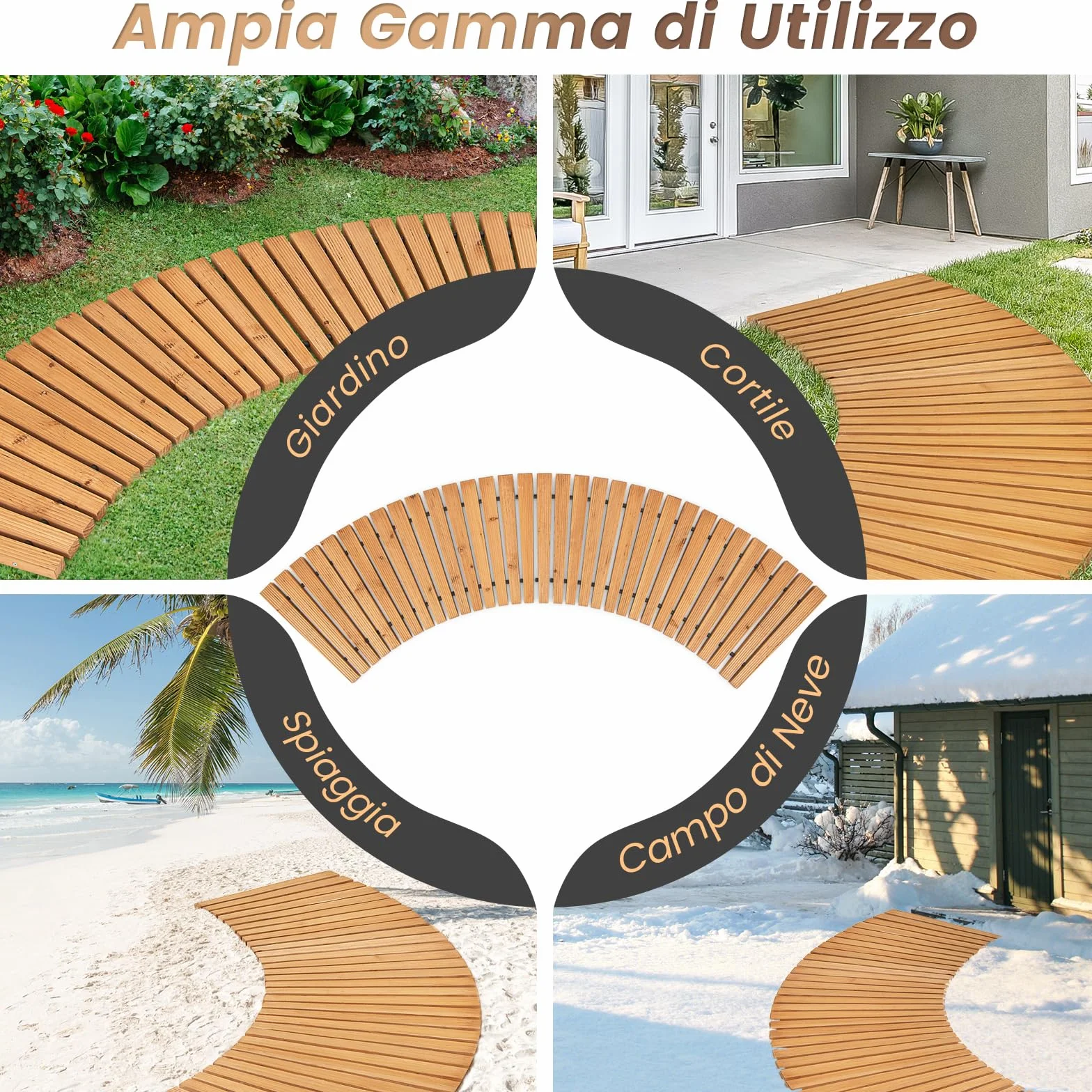 COSTWAY Sentiero da Giardino in Legno, Passerella Curvo da Esterno con Superficie Antiscivolo e Fili Metallici, Design Arrotolabile, per Patio Cortile e Spiaggia, Naturale (216 x 53 cm)