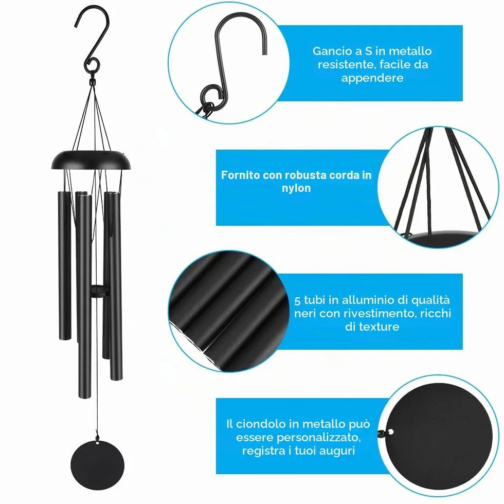 Victop campanelli eolici per esterni, campanelli eolici commemorativi da 80cm, 5 tubi cavi in alluminio, piacevole melodia, decorazioni classiche retrò (Nero)