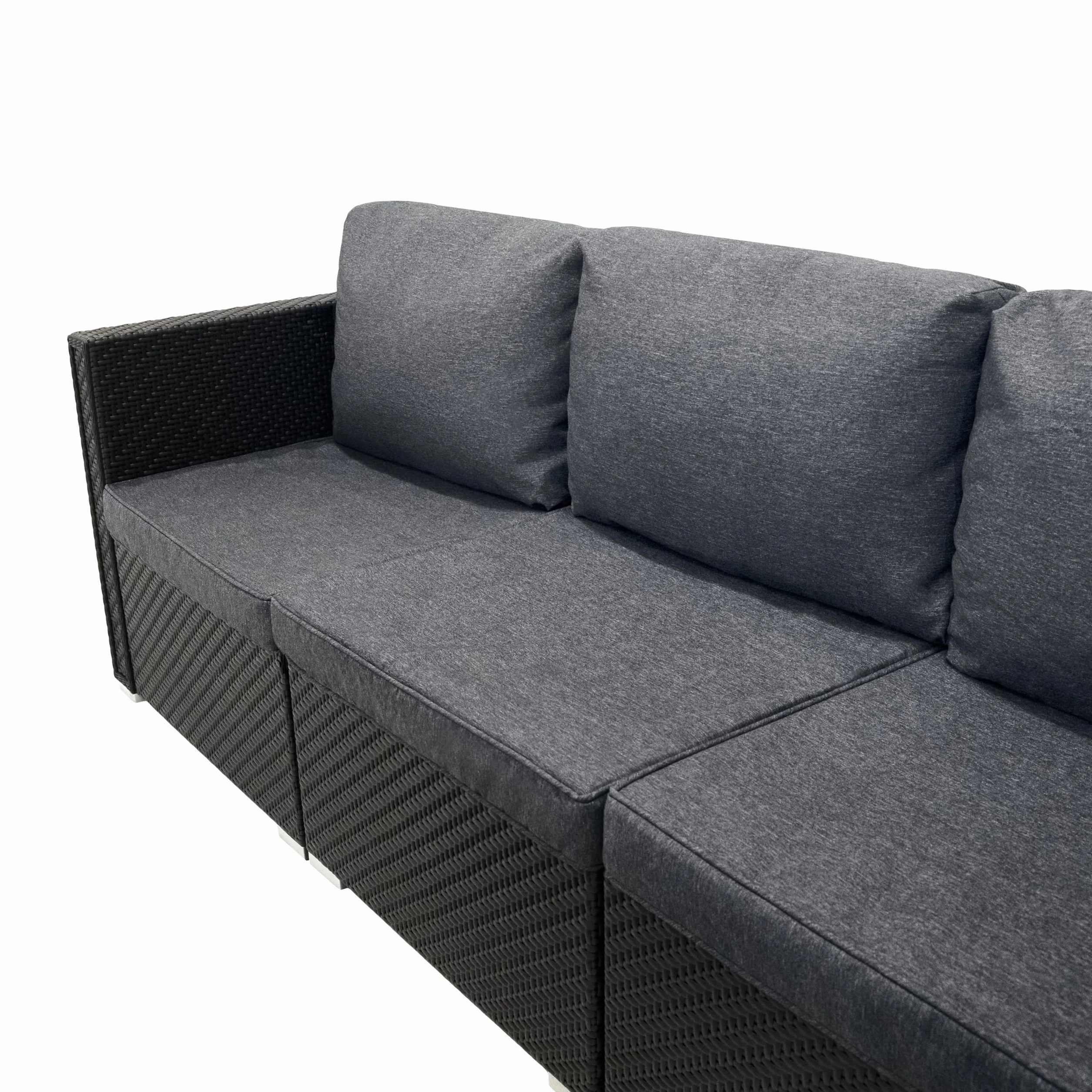 Monster Shop Set Mobili da Giardino 7 Pezzi in Rattan Nero – Divano Modulare 5 Posti con Cuscini Lavabili, Tavolino in Vetro, Copertura Impermeabile, per Esterno, Terrazzo e Veranda