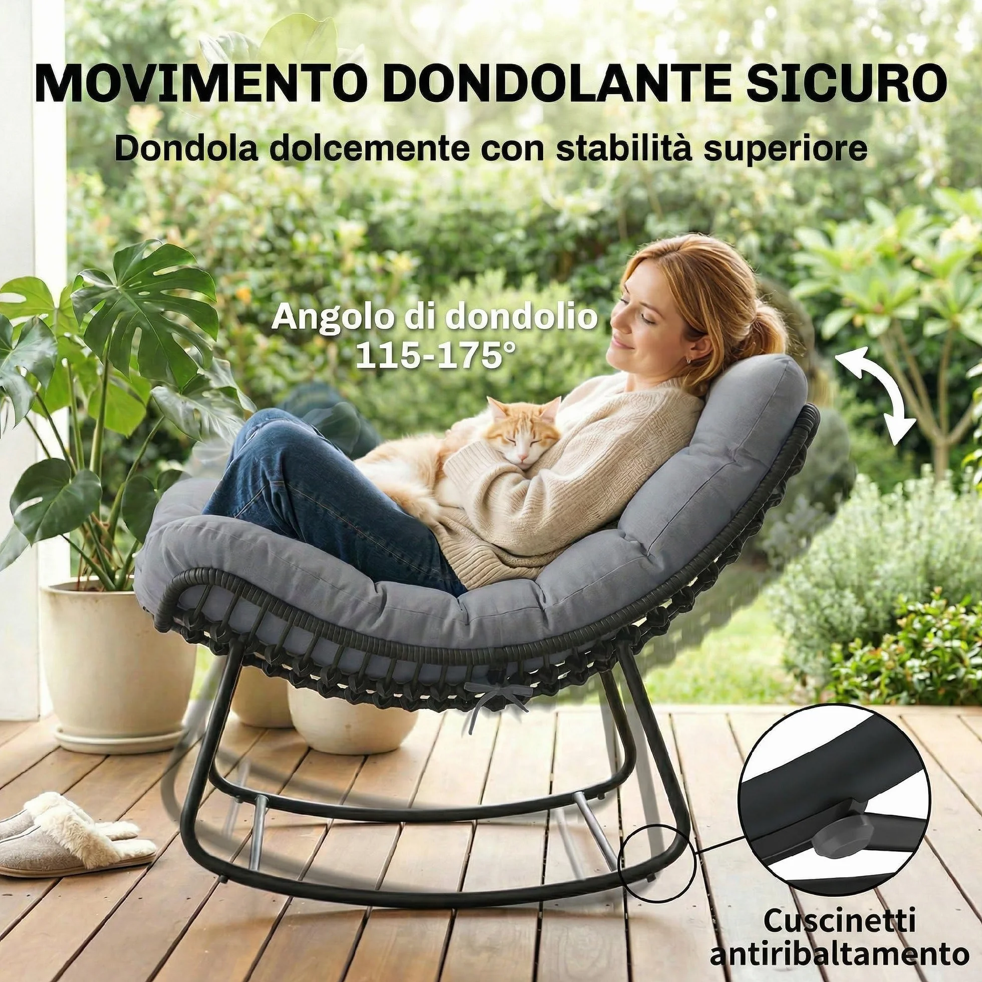 Outsunny Sedia a Dondolo in Rattan Oversize con Cuscino, Struttura Metallo Zincato, Max 120 kg, Grigio Scuro
