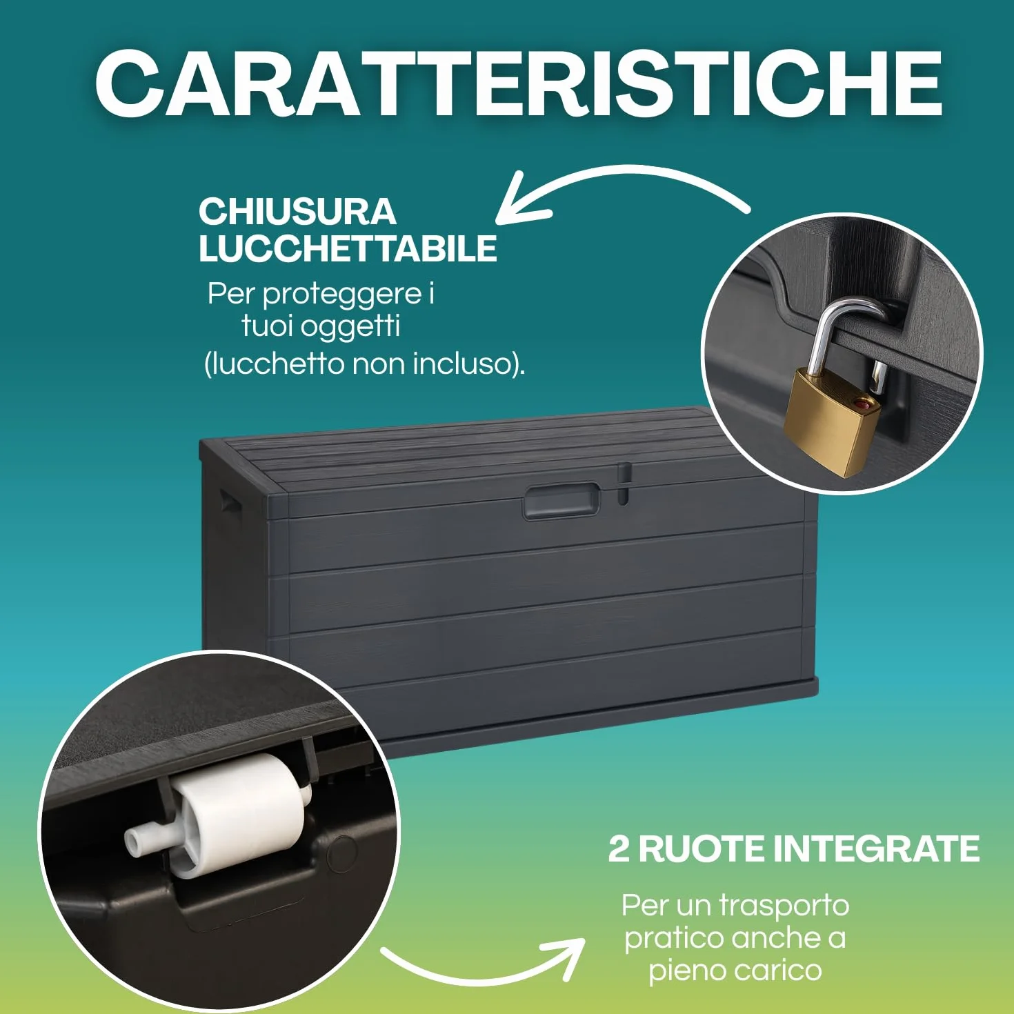 VIRSUS Baule da Giardino con Ruote, misura 118x59x57 cm, Cassapanca Effetto Legno Antracite, Impermeabile, Chiusura Lucchettabile, Contenitore da Esterno, Capacità 340 Litri -ALP001F