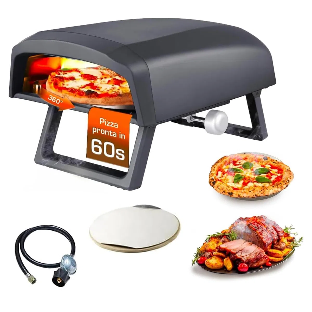 Avilia Forno Pizza a Gas 4000W 64x44x31,5cm Acciaio Inox Doppio Bruciatore Piatto Rotante 360°