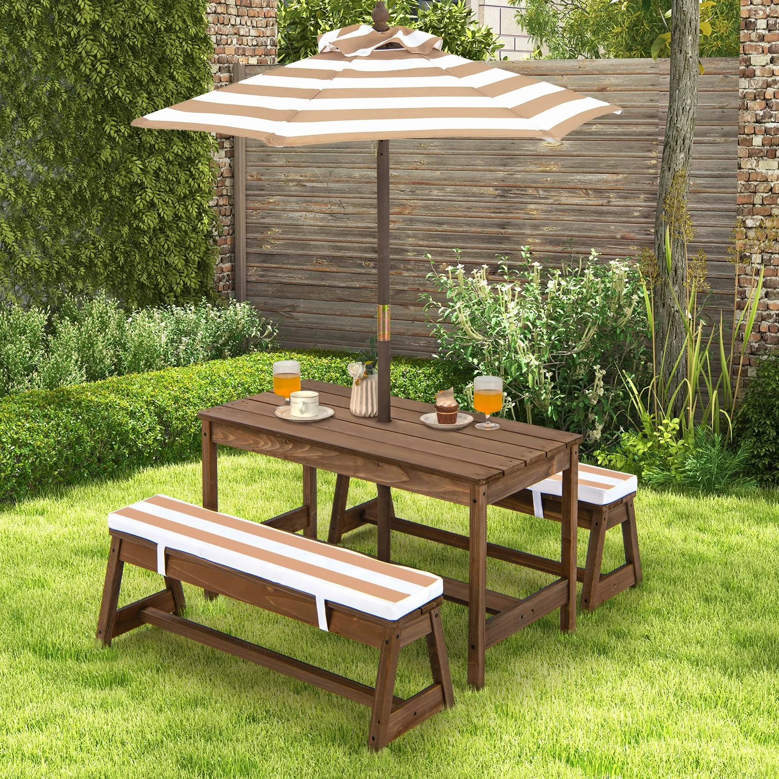 COSTWAY Tavolo da Picnic per Bambini con Parasole Pieghevole, Set Tavolo e Panca in Legno con Cuscini, Marrone