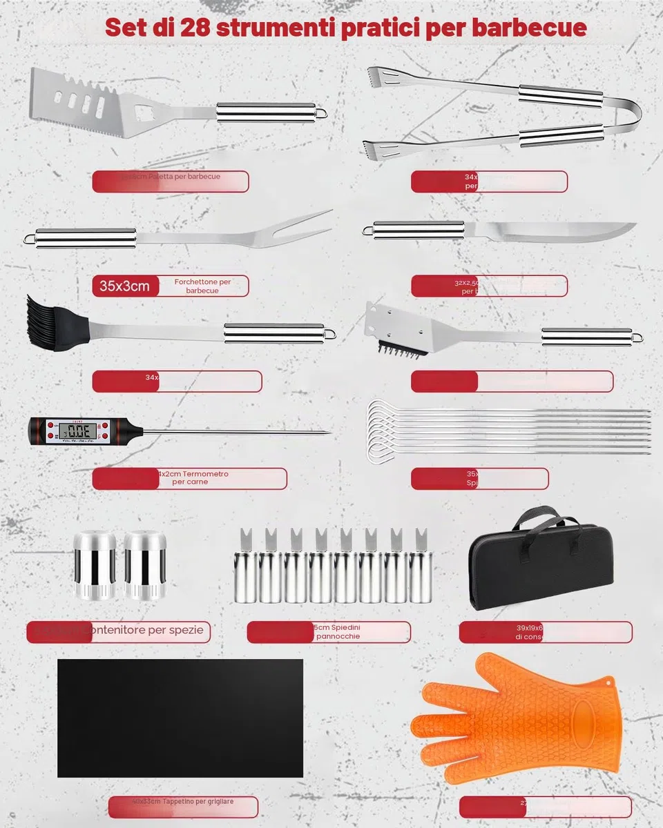 28Pcs Set BBQ Accessori Barbecue Utensili Professionali in Acciaio Inox, Pratico Kit Attrezzi Barbecue Cucina con Borsa Portatile, Griglia Barbecue Accessori Camping, Regalo Compleanno Uomo e Papa