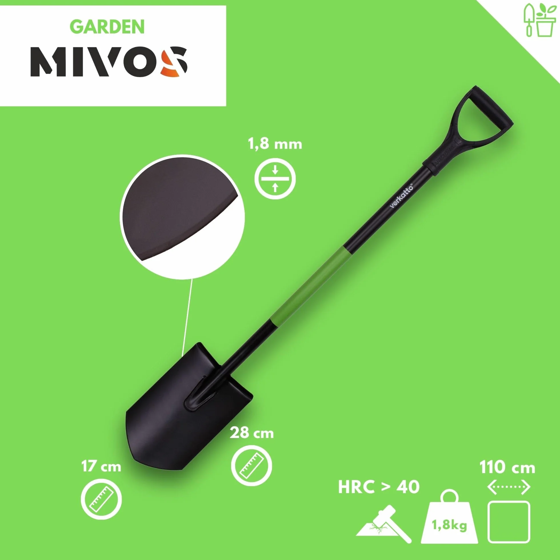 Mivos Piccola paletta a punta – mini vanga a punta per lavori di giardinaggio e costruzione – vanga corta – vanga pionieristica
