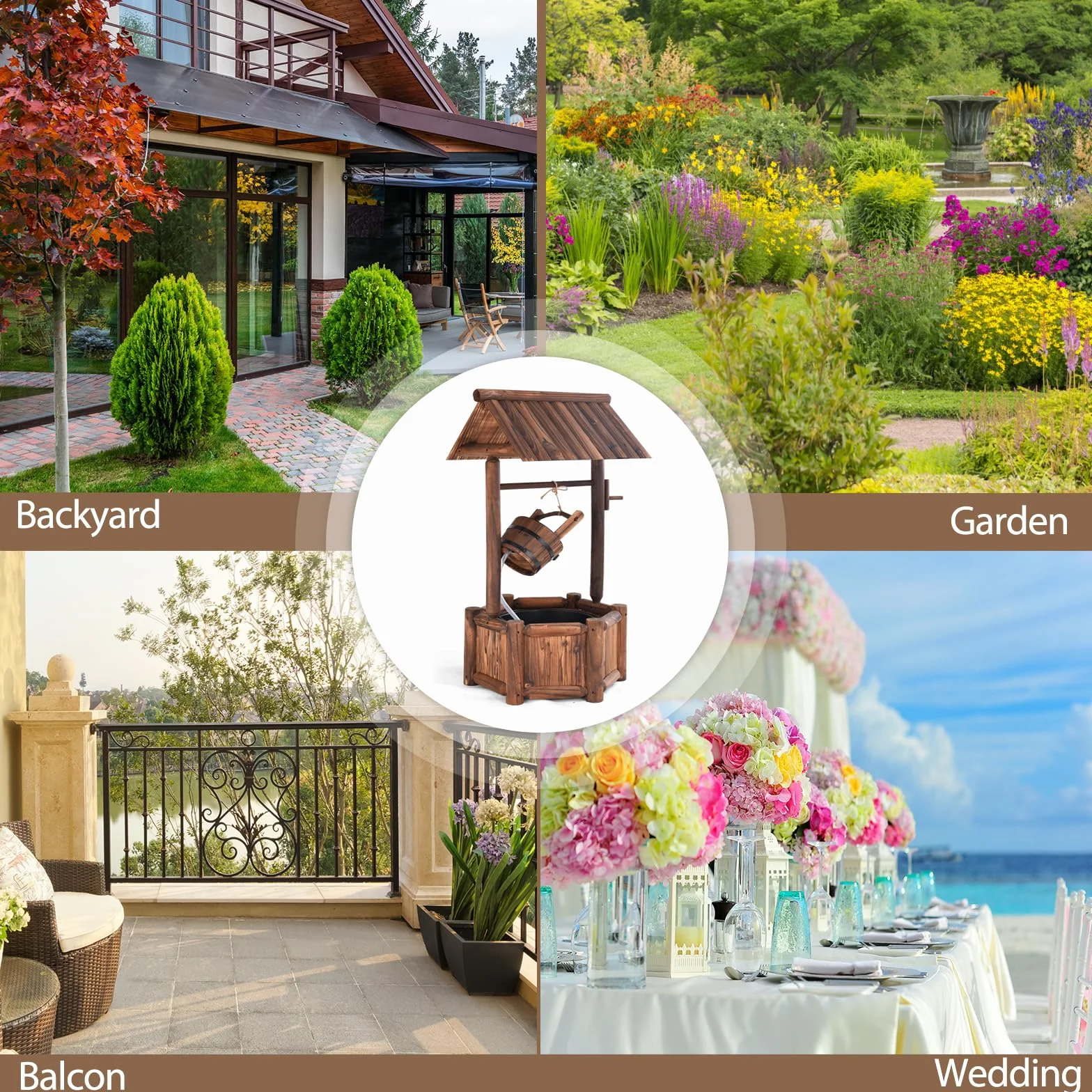 SOARS Fontana da giardino con tetto per esterni, fontana in legno con pompa elettrica e secchio in legno, fontana decorativa per cortile e prato, 59 x 56 x 115 cm