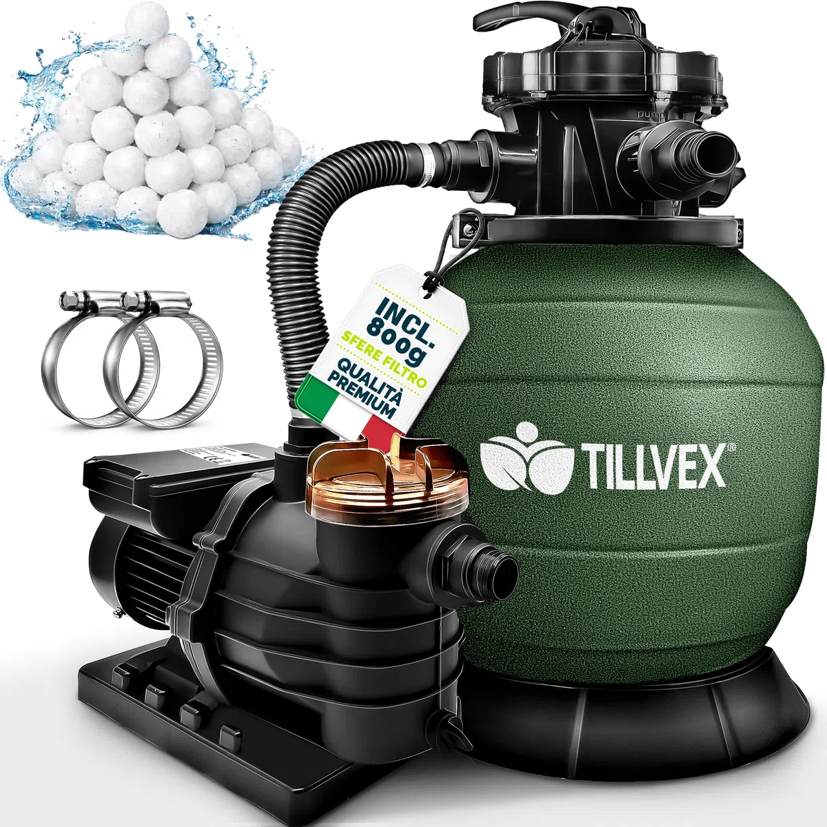 tillvex Depuratore d'acqua per piscina 10 m³/h 800 g sfere filtro Pompa filtro a sabbia con valvola