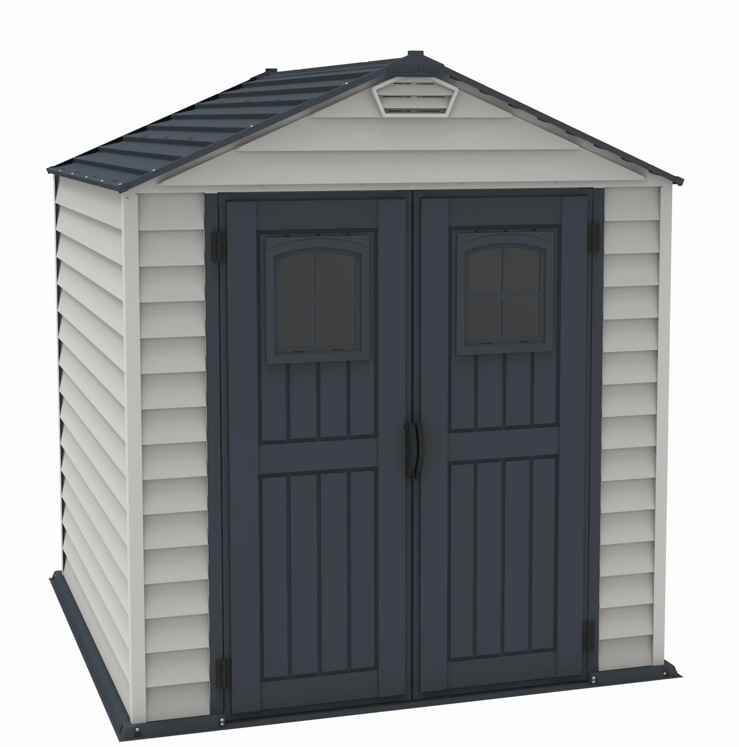 Duramax StoreMax Capanno da giardino in plastica, 7 x 7, con pavimento, e finestra fissa su porte, struttura in metallo resistente ignifugo e senza manutenzione, Grigio scuro/Adobe