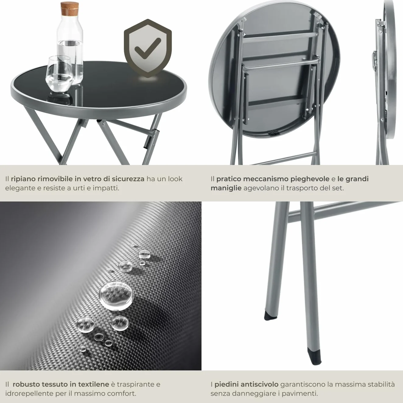 Set da Balcone Düsseldorf Tavolino Salotto con Piano in Vetro e 2 Sedie Mobili da Giardino con Telaio in Acciaio Richiudibile Trasportabile Design Moderno Grigio