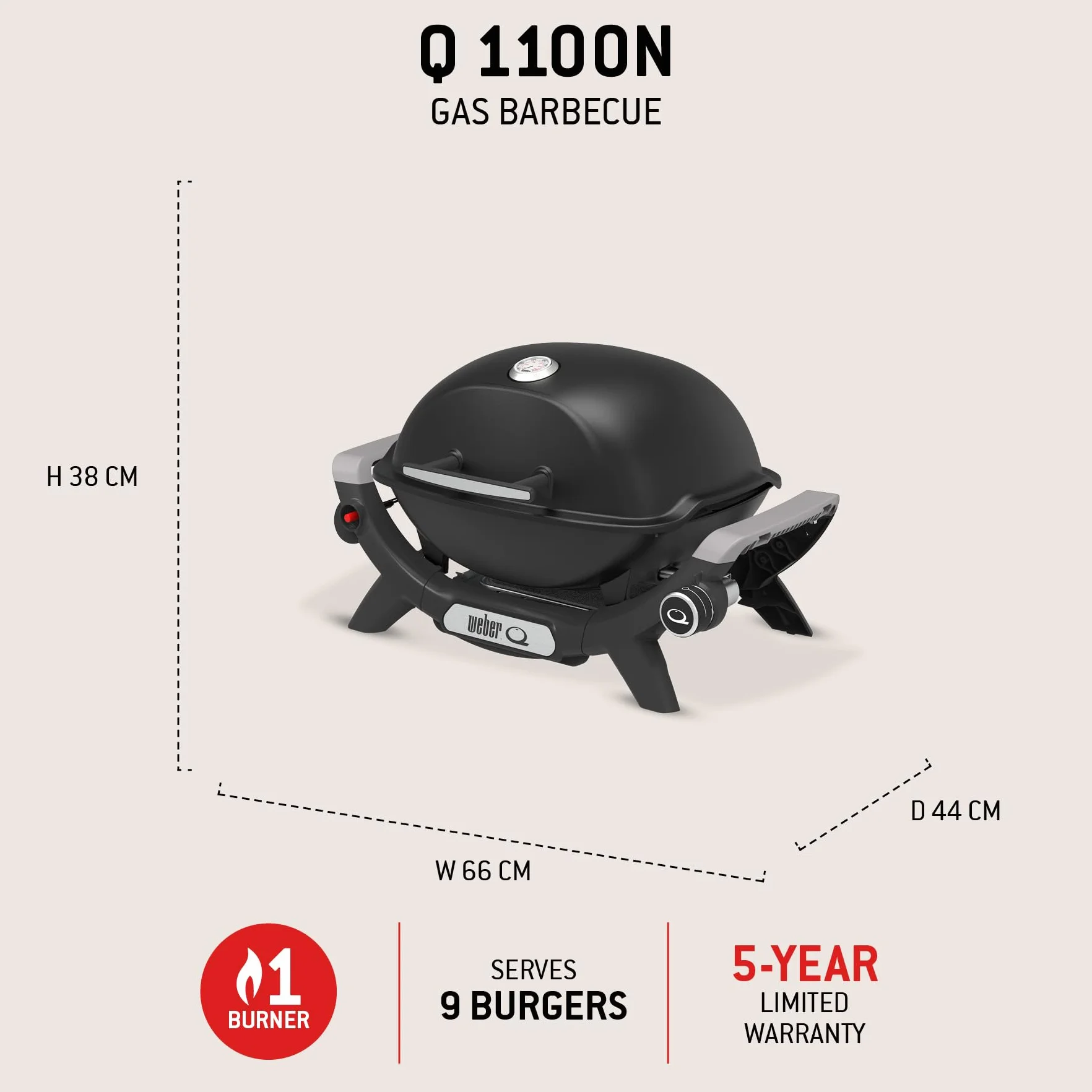 Weber Q 1100N barbecue a gas 42x31 cm superficie di cottura portatile 1 bruciatore griglia ghisa smaltata nero