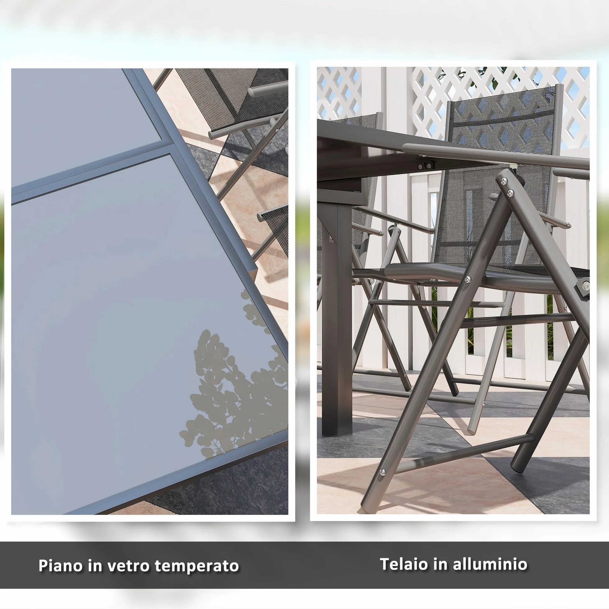 Outsunny Set Tavolo e Sedie da Esterno 7 Pezzi, Tavolo Allungabile con Piano in Vetro, 6 Sedie Pieghevoli con Braccioli, Acciaio e Textilene, Grigio
