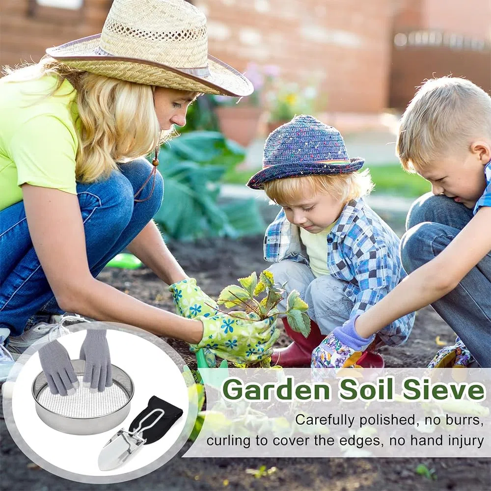Setaccio da Giardino Rotondo 5 in1 20 cm Acciaio Inox con Inserti 3-12 mm per Terriccio Compost
