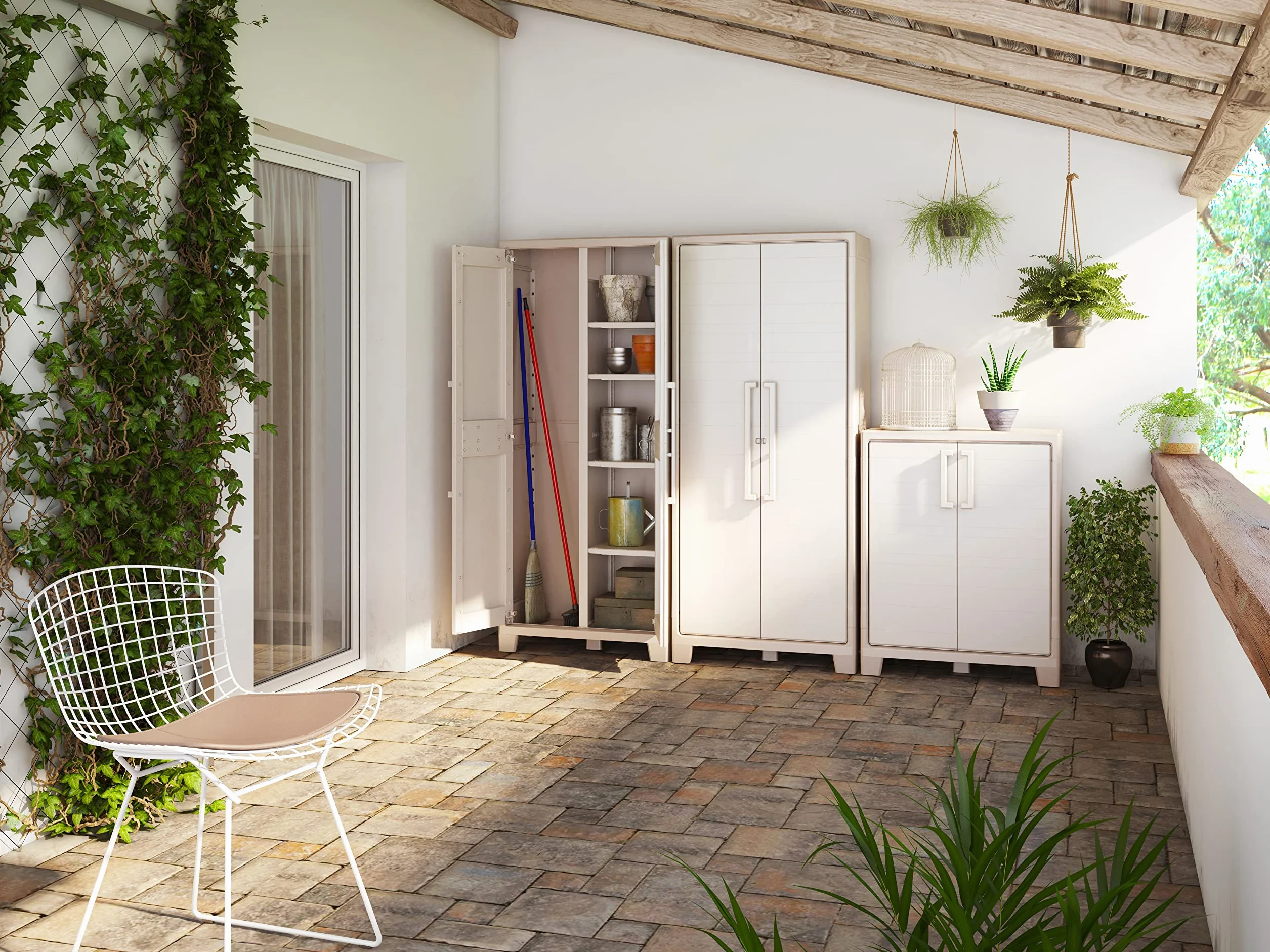 Keter Armadio Portascope Gulliver, 8 Ripiani Pieghevoli, da Esterno, Ideale per Balcone e Giardino, Sabbia/Beige, 80x44x182 H Cm