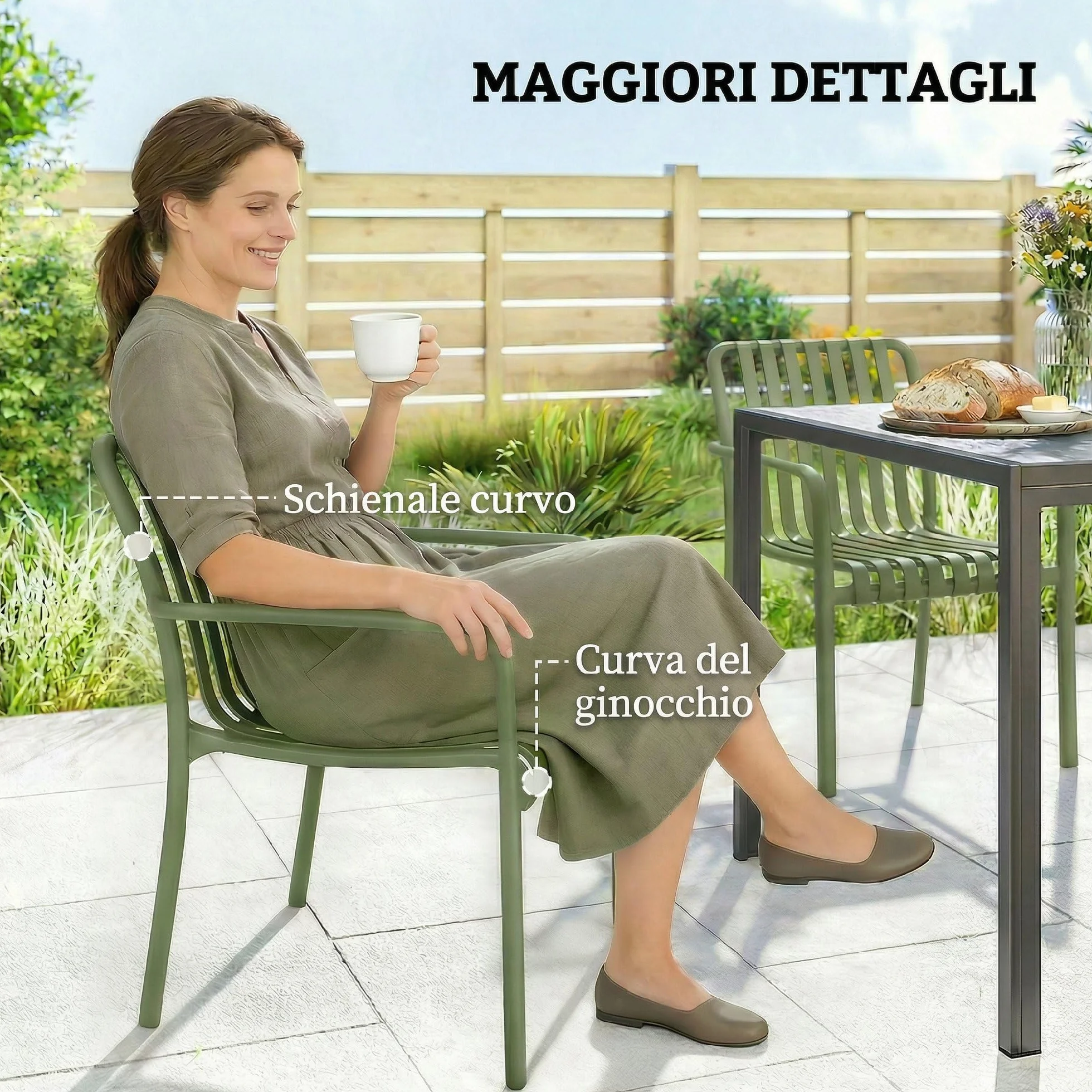 Outsunny Set 4 Sedie da Giardino Impilabili in PP Anti UV, Sedie per Esterno con Schienale Ergonomico, 55x58.5x81.5 cm, Verde