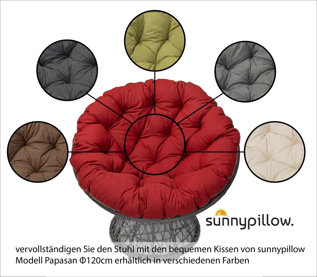 Cuscino Papasan Rotondo Ø 120 cm Impermeabile Resistente UV per Poltrona Rattan e Sedia Sospesa