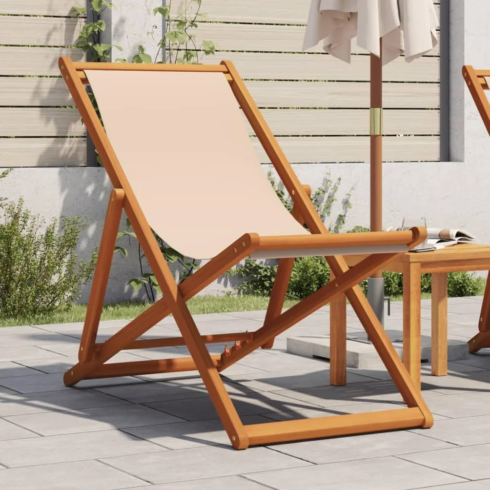 vidaXL Sedia da Spiaggia Pieghevole Beige Legno di Eucalipto e Tessuto, Poltrona a Sdraio