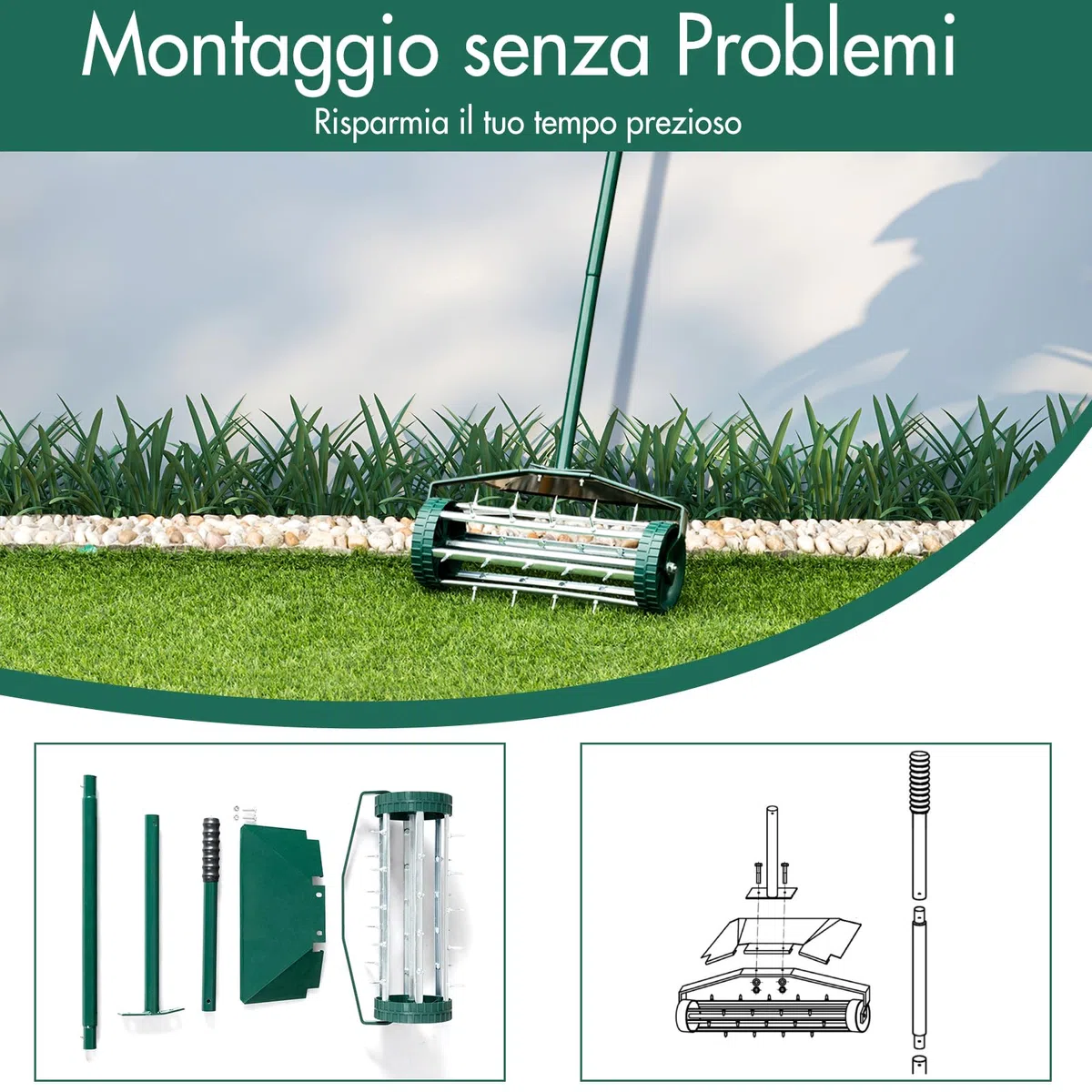 GYMAX Aeratore per Prato, Rullo a Spine di Metallo, 46x23x127 cm, Verde