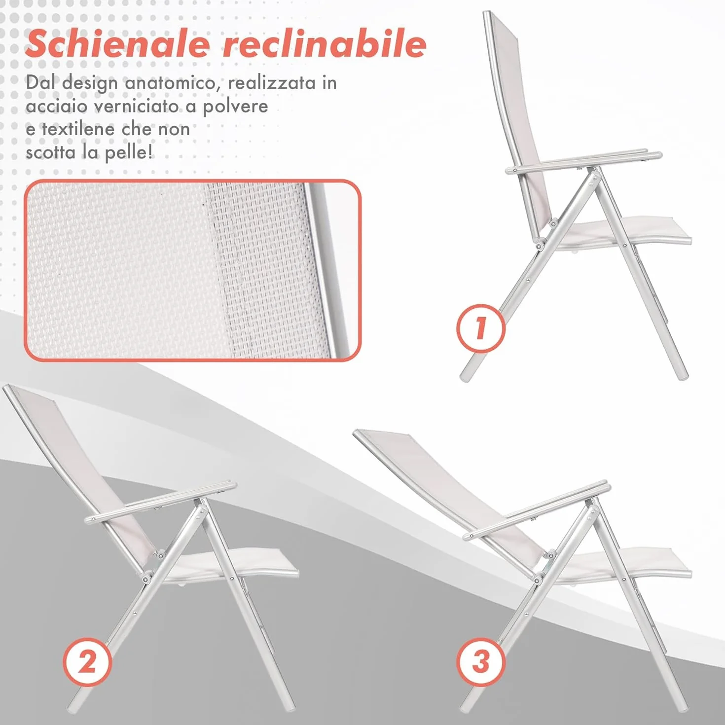 Coppia da 2 Sedie Sdraio Pieghevoli da Giardino con Schienale Reclinabile in Acciaio Inox Tessuto Traspirante Resistenti all'Acqua Colore Grigio Sedia Terrazzo Poltrona Design Moderno - Trasparente