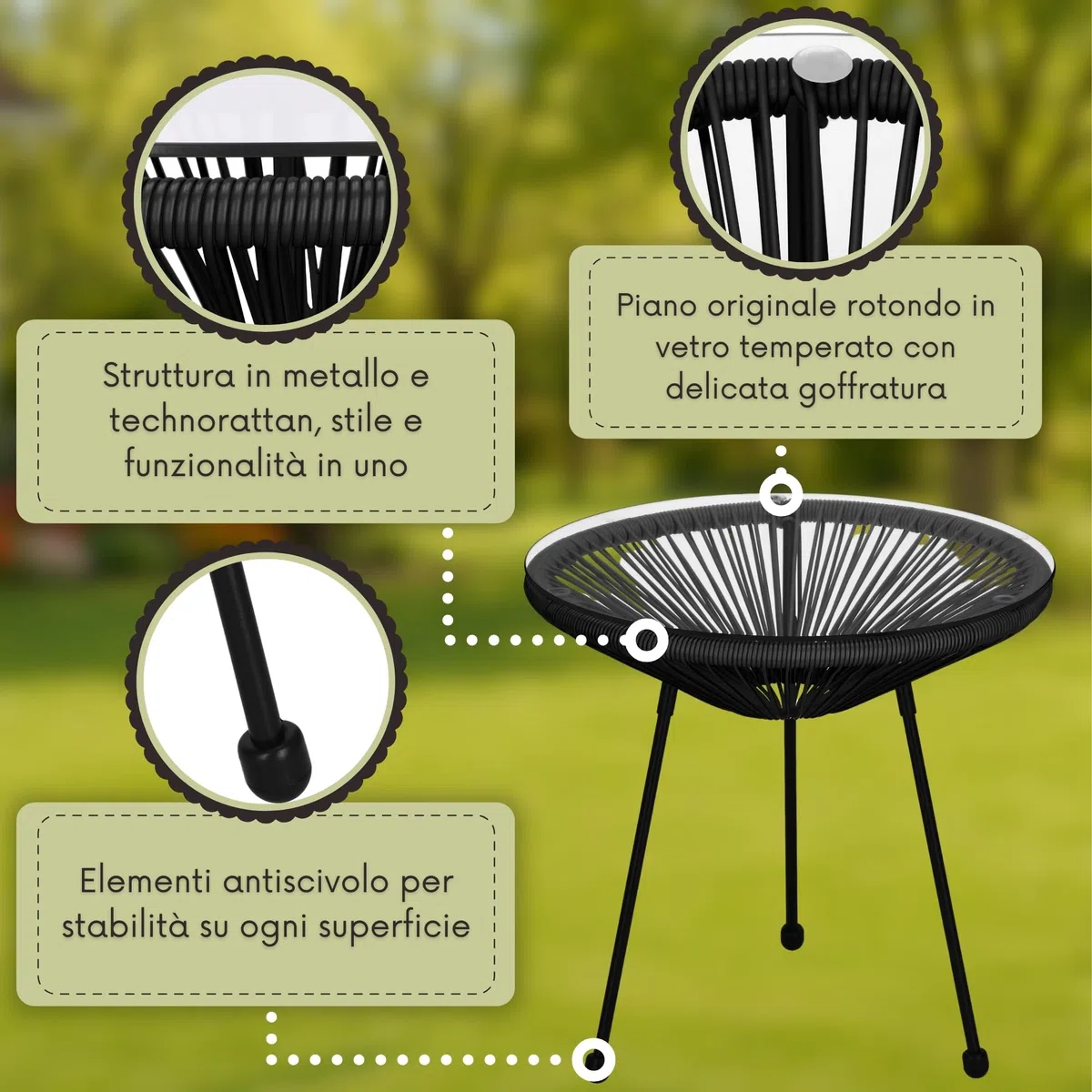 SPRINGOS Set Mobili Giardino Acapulco 2 Sedie & Tavolino Rotondo 50 cm Nero, Rattan PE Metallo Vetro Temperato, Resistente a UV e Intemperie, Design Moderno per Terrazza e Balcone, Montaggio Facile