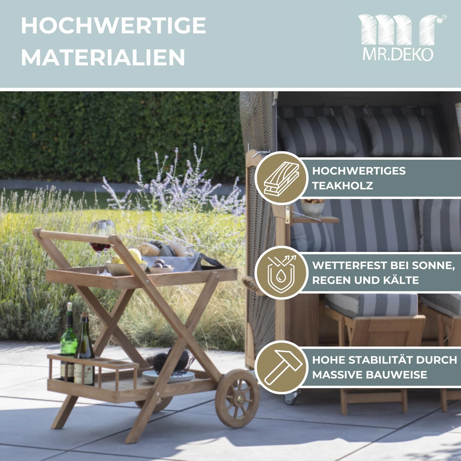 MR. DEKO® Carrello da portata Chester in teak – Tavolo da giardino – Mobili da esterno
